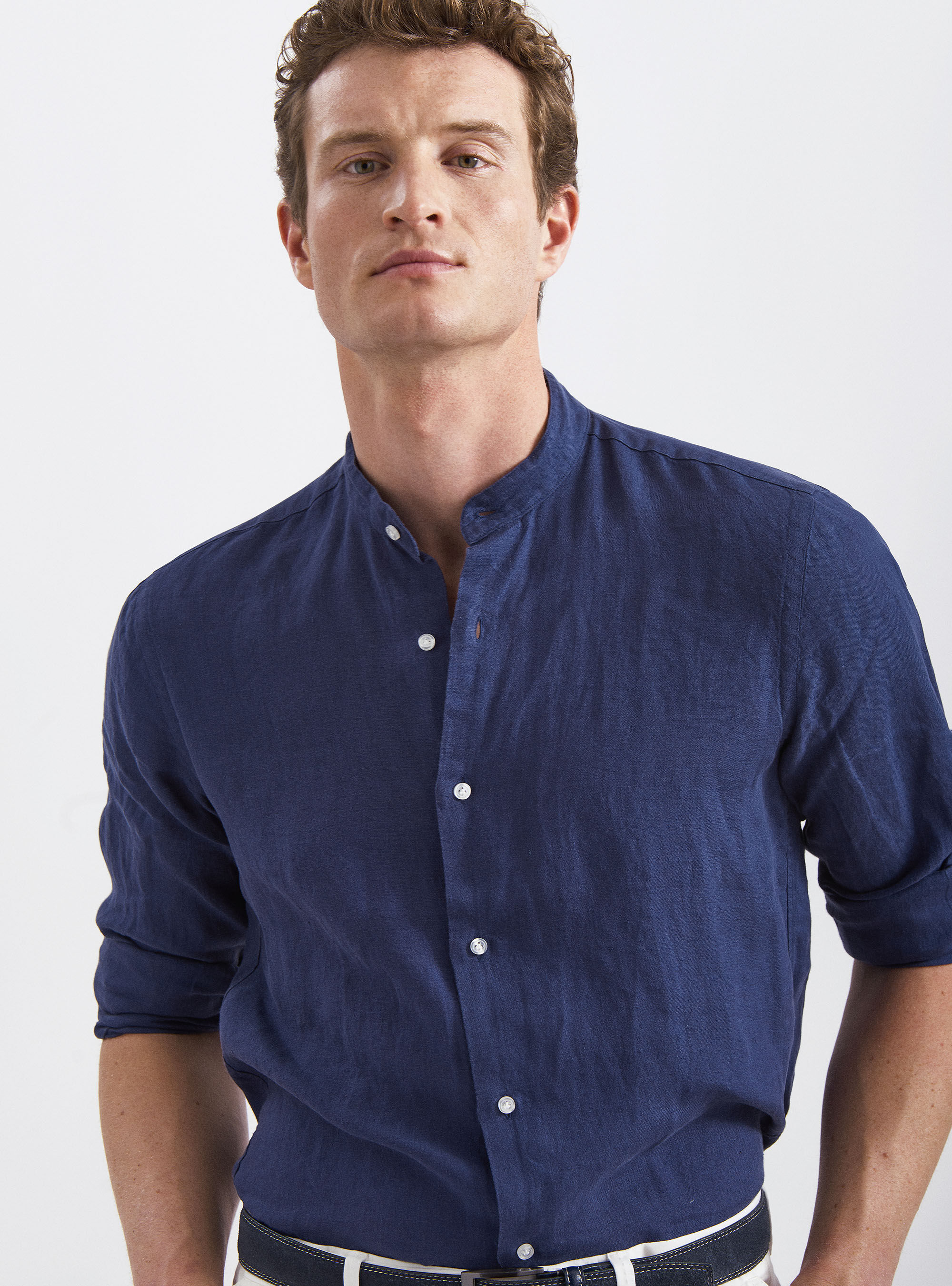 Camicia coreana in puro lino, BLU NAVY