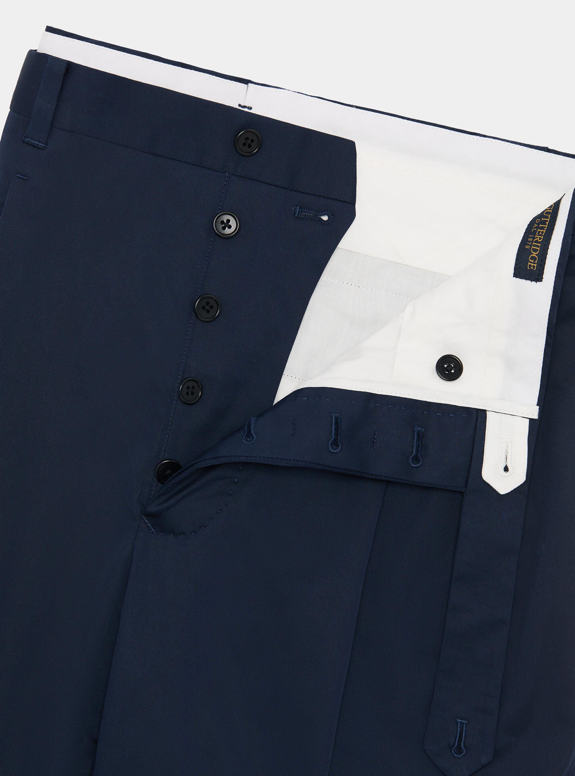 Pantalon &agrave; pinces en popeline de coton stretch, BLEU MARINE