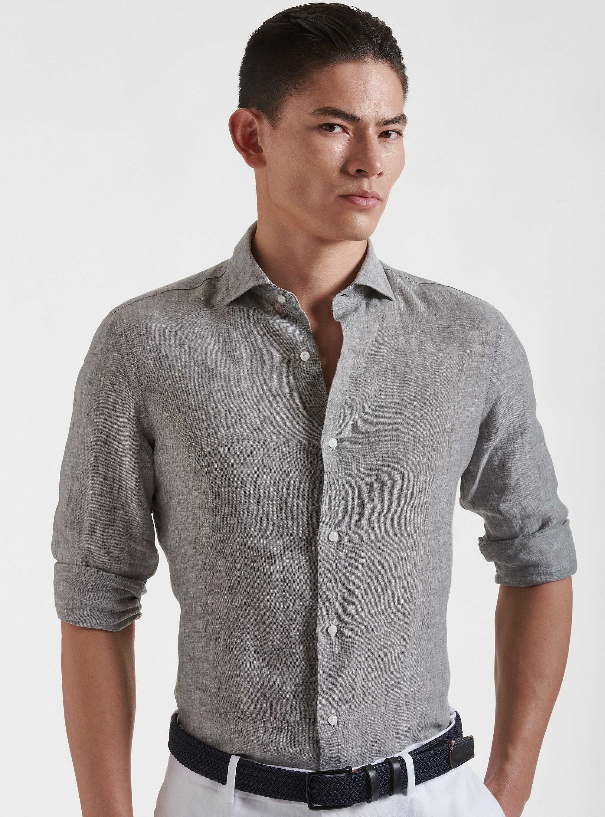 Camicia collo semi francese in puro lino, GRIGIO CHIARO MELANGE