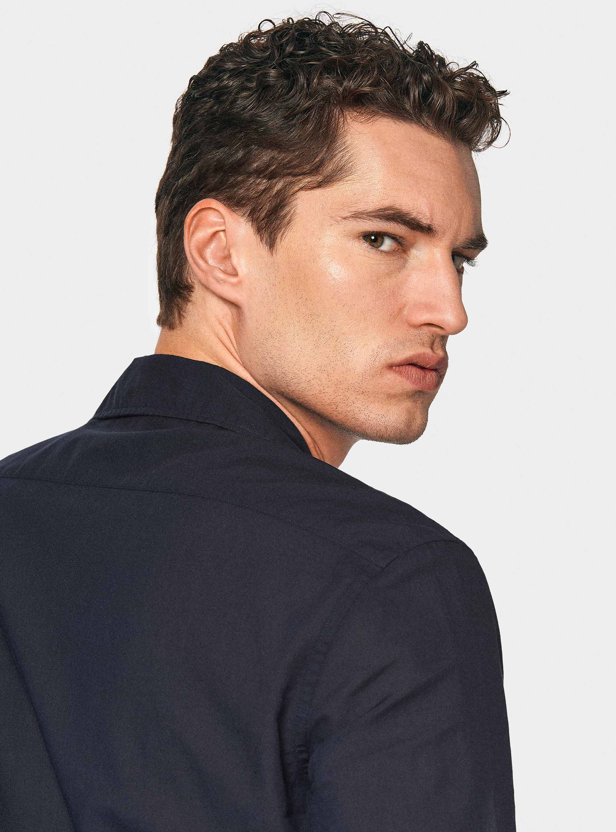 Camicia bowling in puro cotone, BLU NAVY