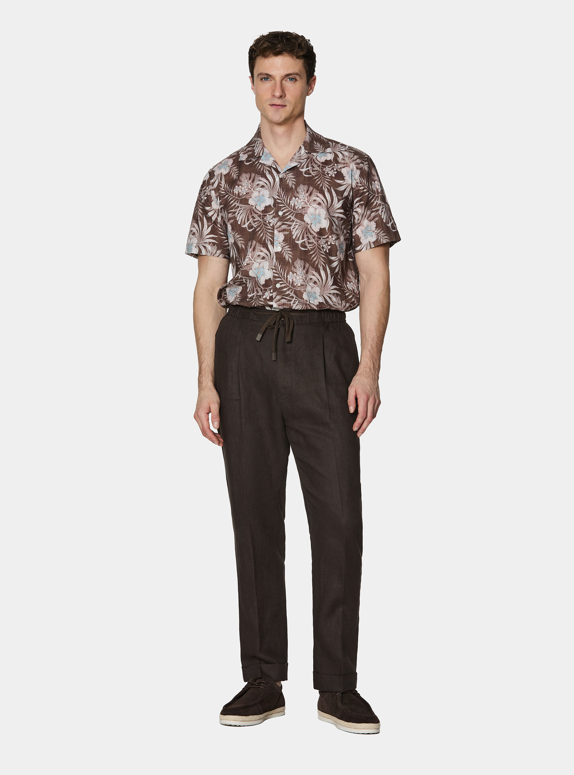 Printed linen and cotton bowling shirt