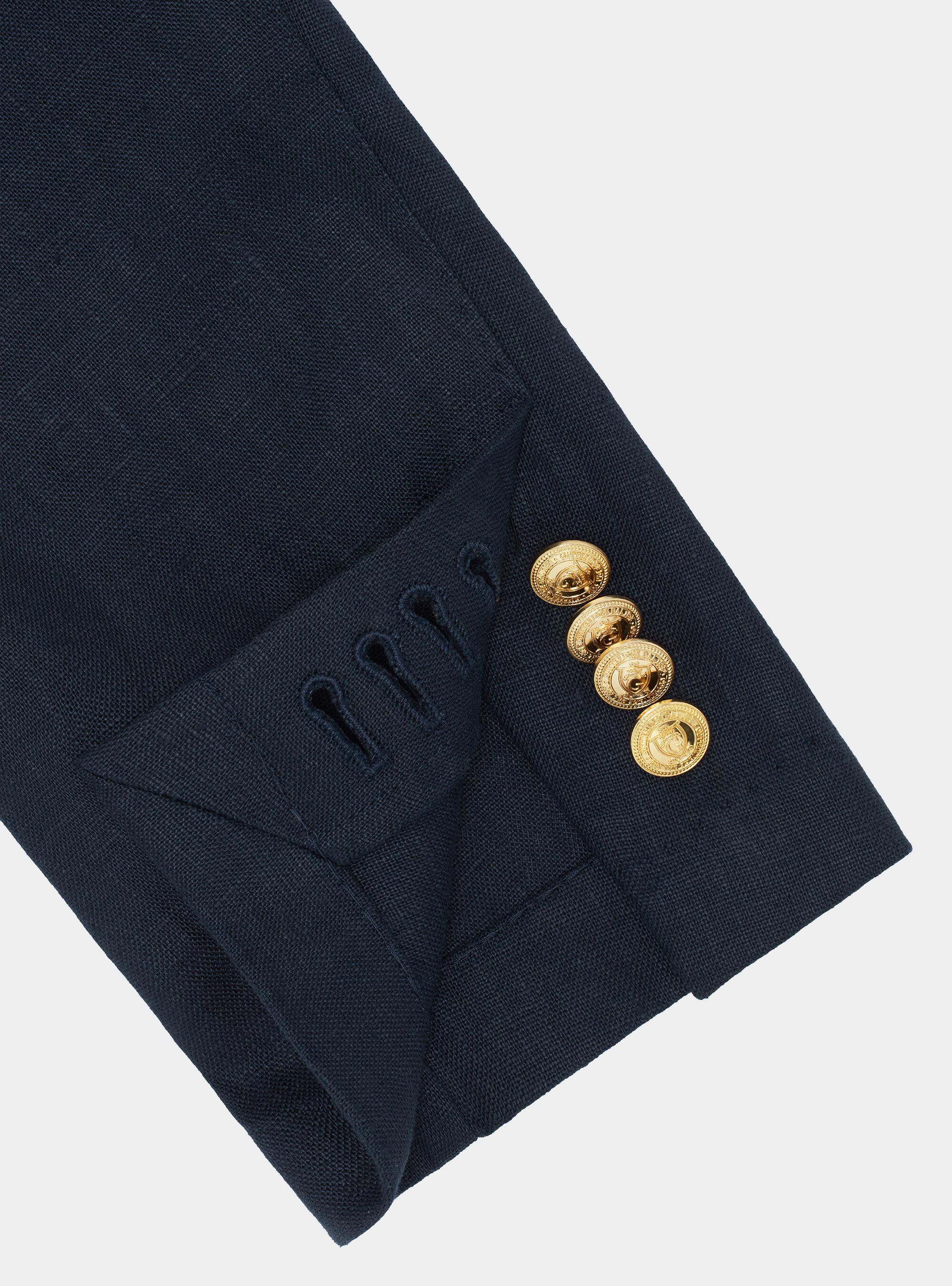 Double-breasted linen blazer with metal button, NAVY BLUE