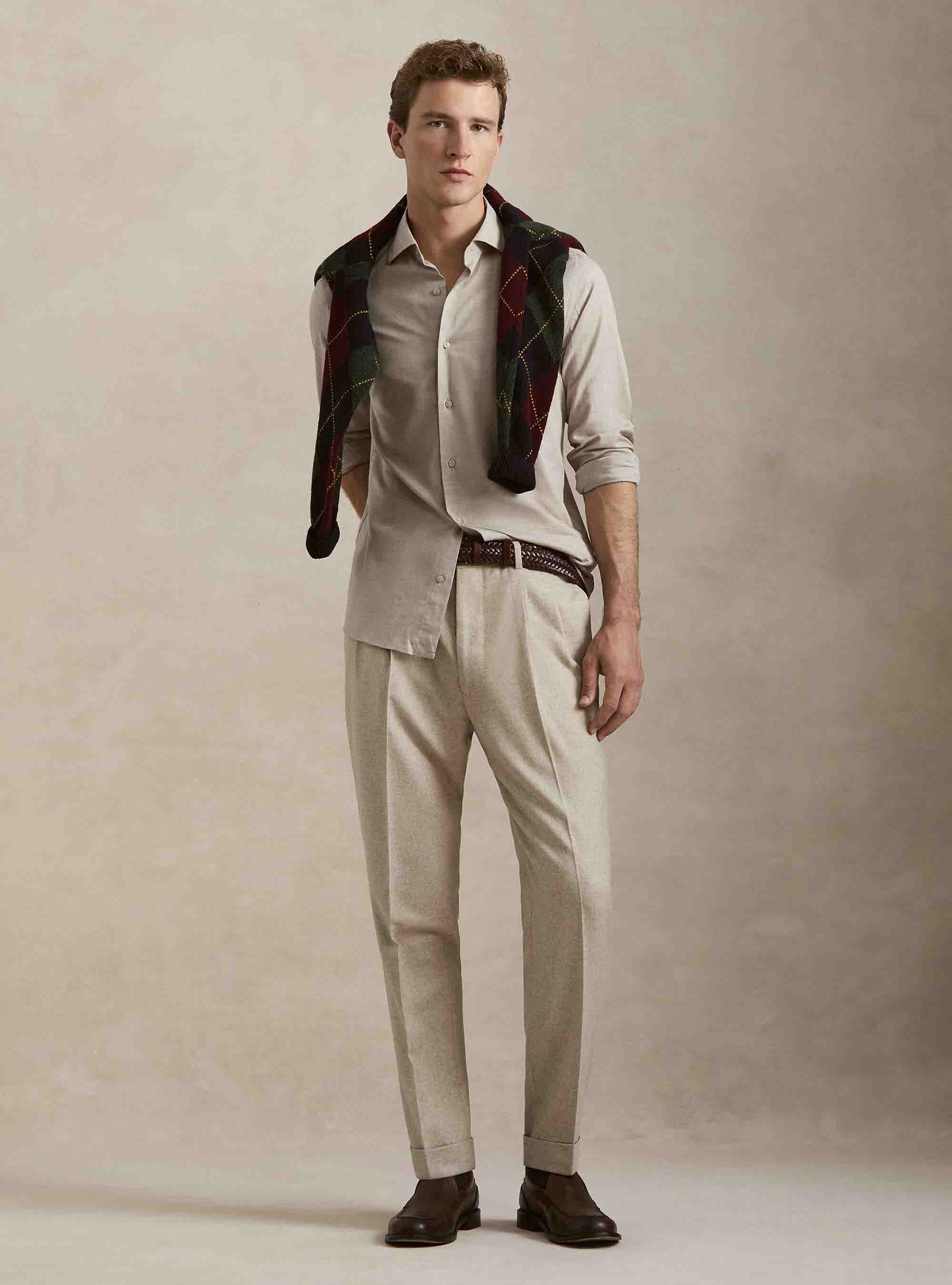 Herringbone cotton flannel shirt, SAND