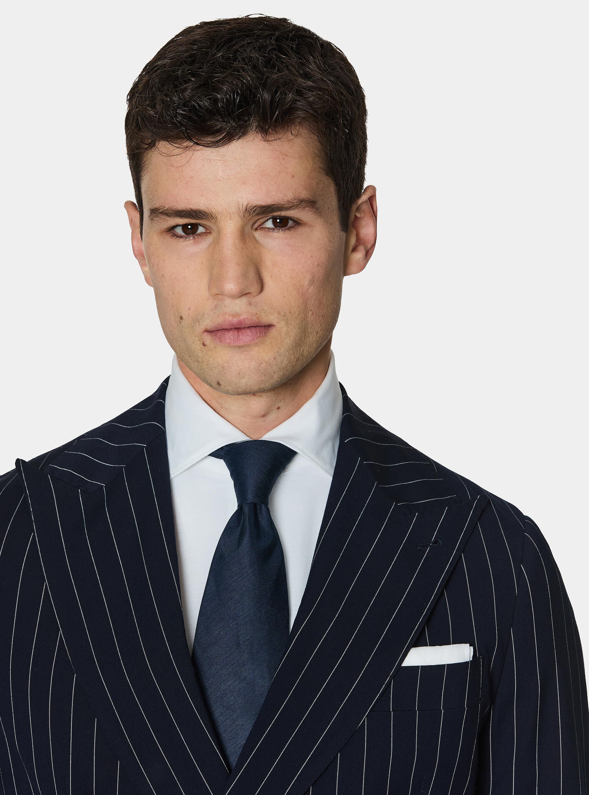 Double-breasted pinstriped suit blazer, NAVY BLUE