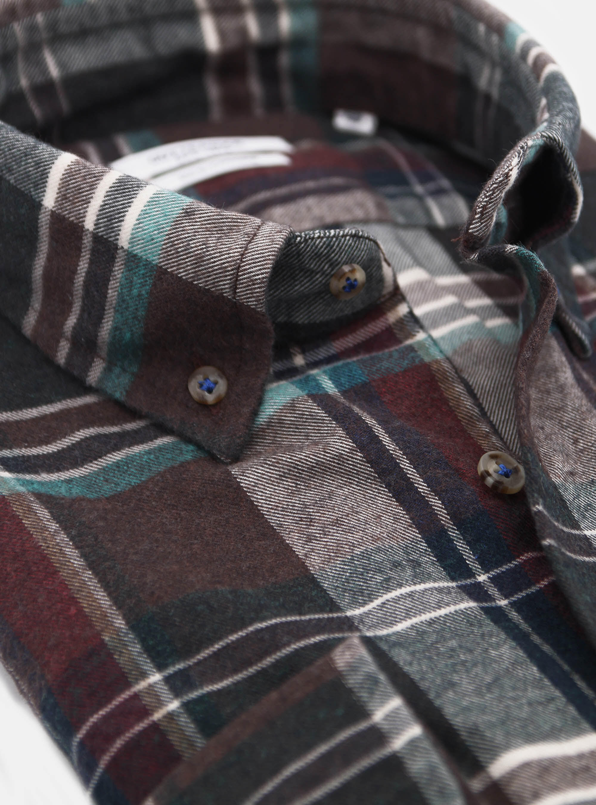 Camicia con collo button down in flanella di cotone a quadri, BROWN