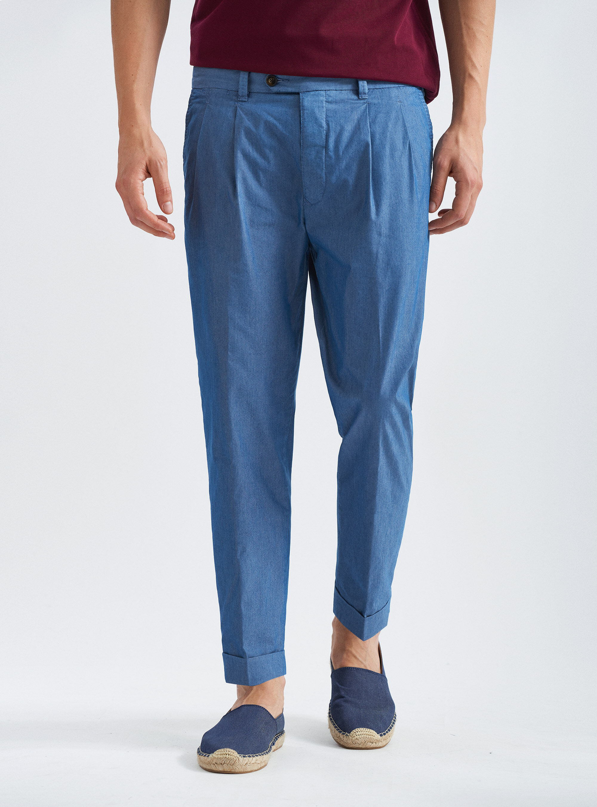 Pantalon &agrave; double plis en coton twill, BLEU
