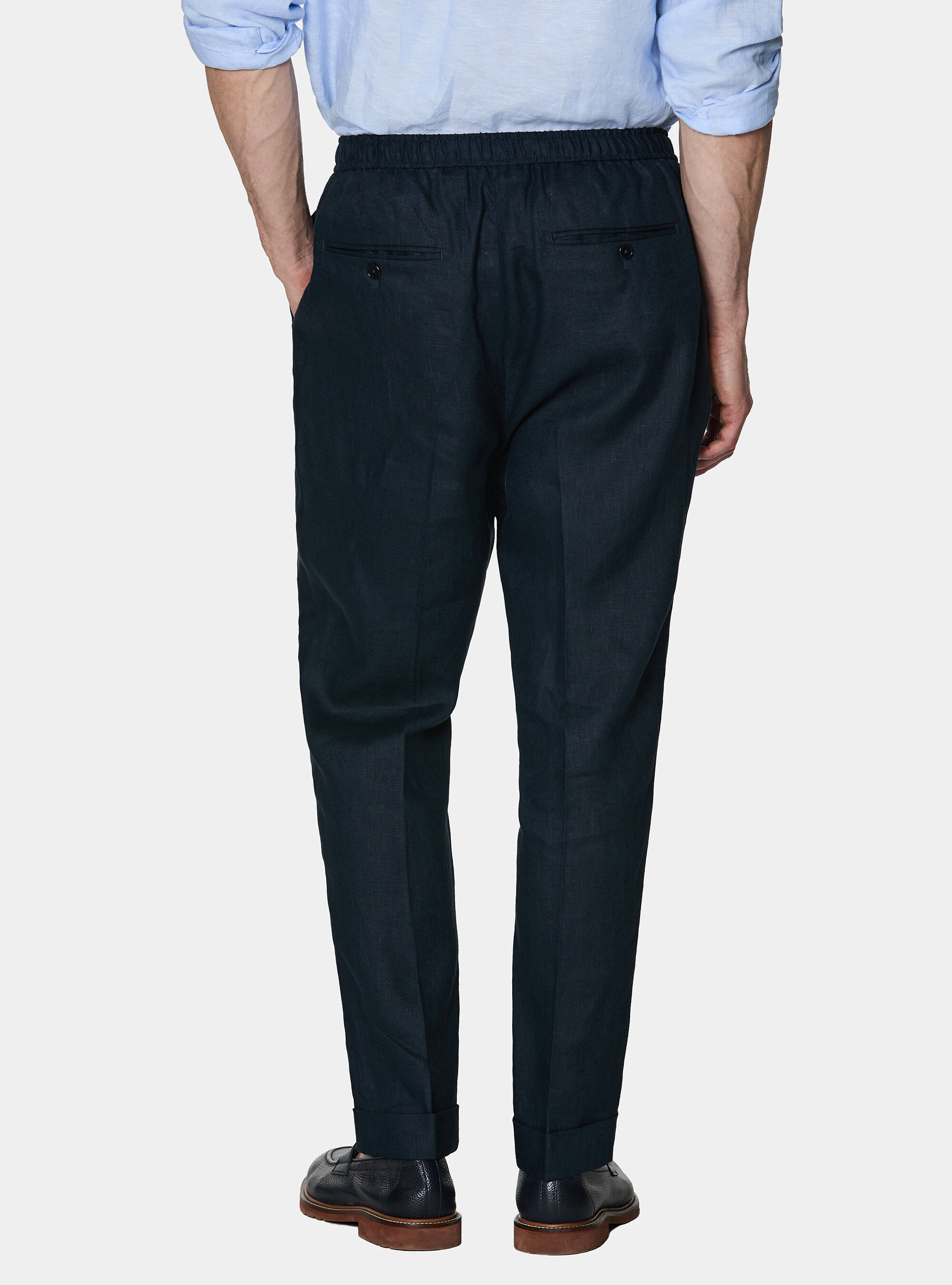 Pantaloni in puro lino con pince e coulisse, BLU NAVY