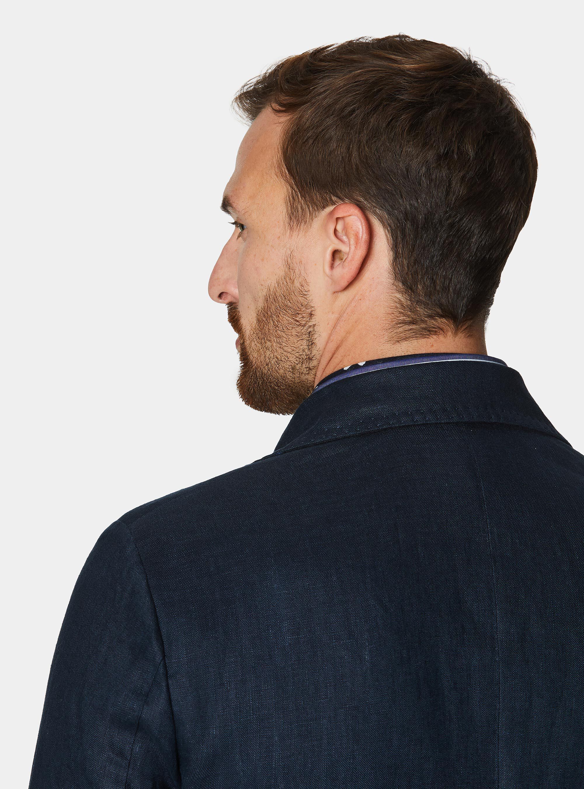 Double-breasted linen blazer with metal button, NAVY BLUE