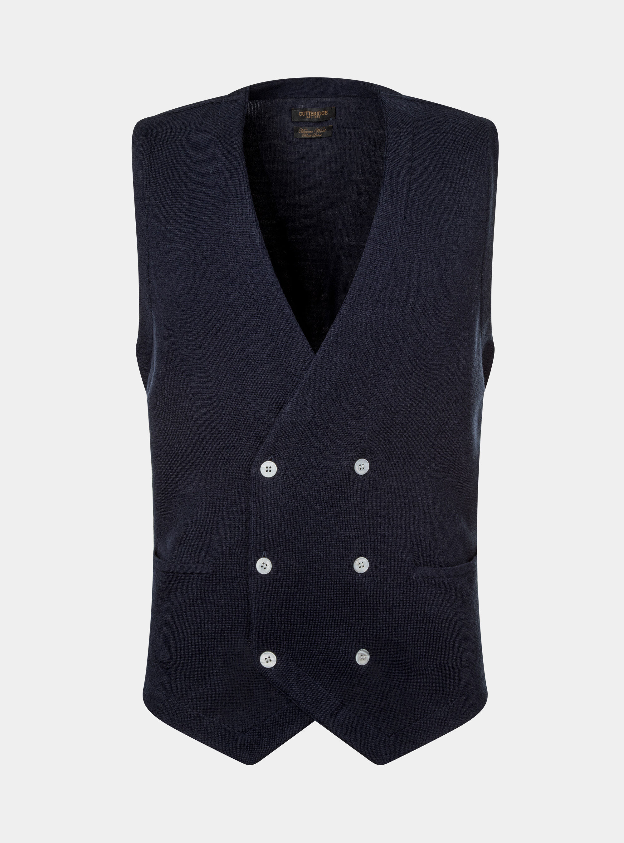 Double-breasted knitted gilet in pure merino wool, NAVY BLUE