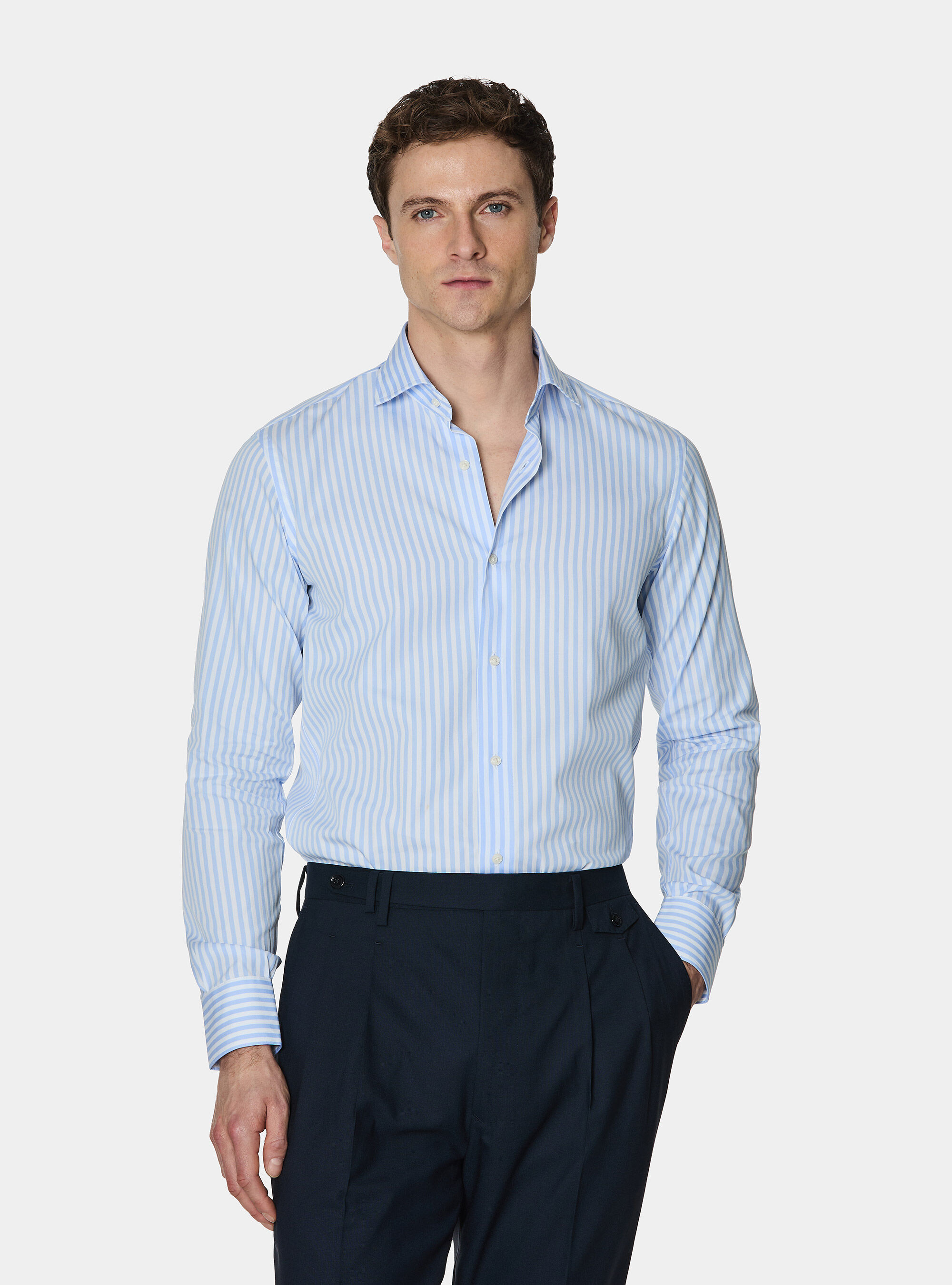 Chemise en popeline de coton &agrave; larges rayures, BLEU CIEL