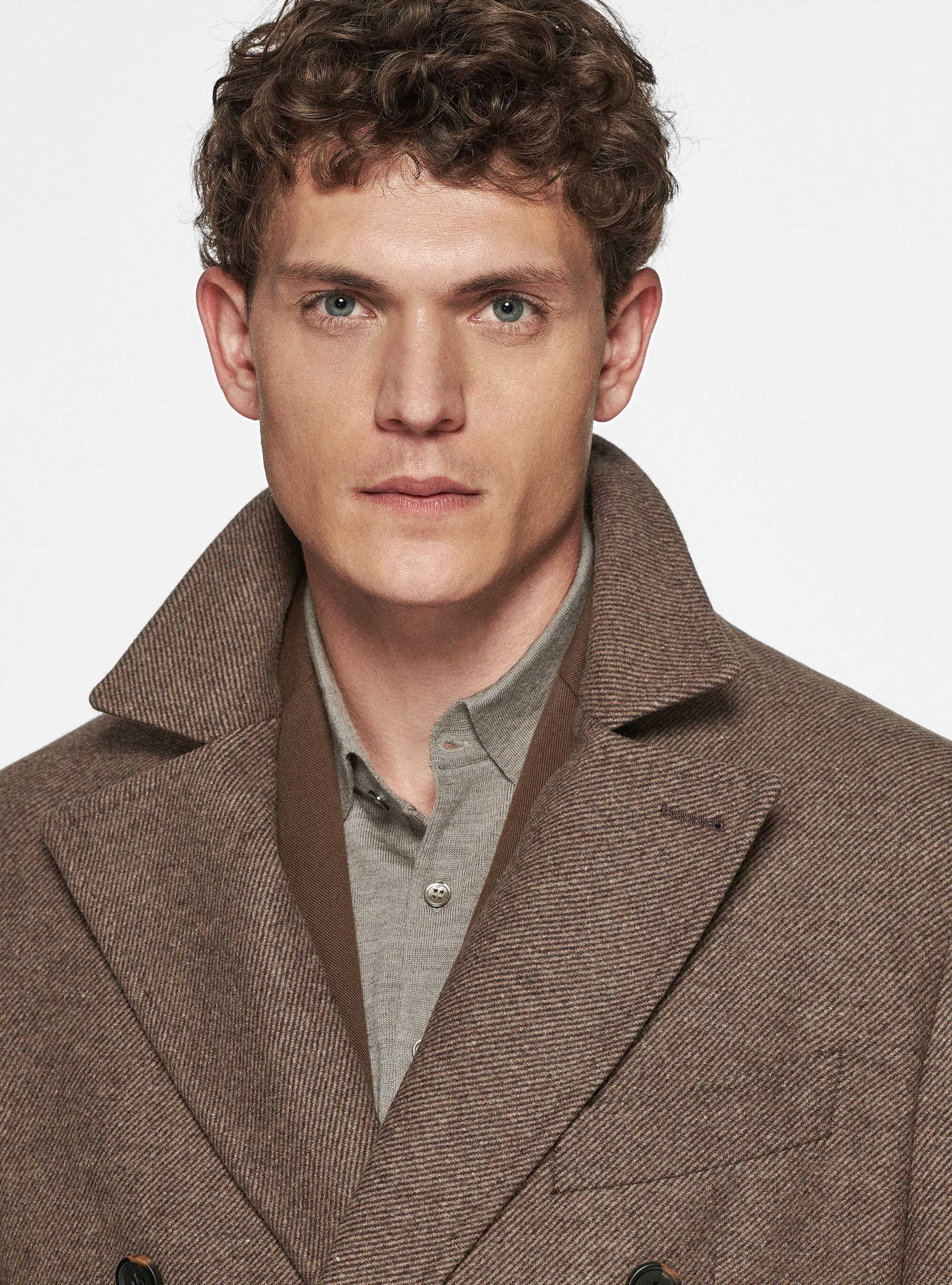 Wool and silk diagonal double-breasted coat, BROWN