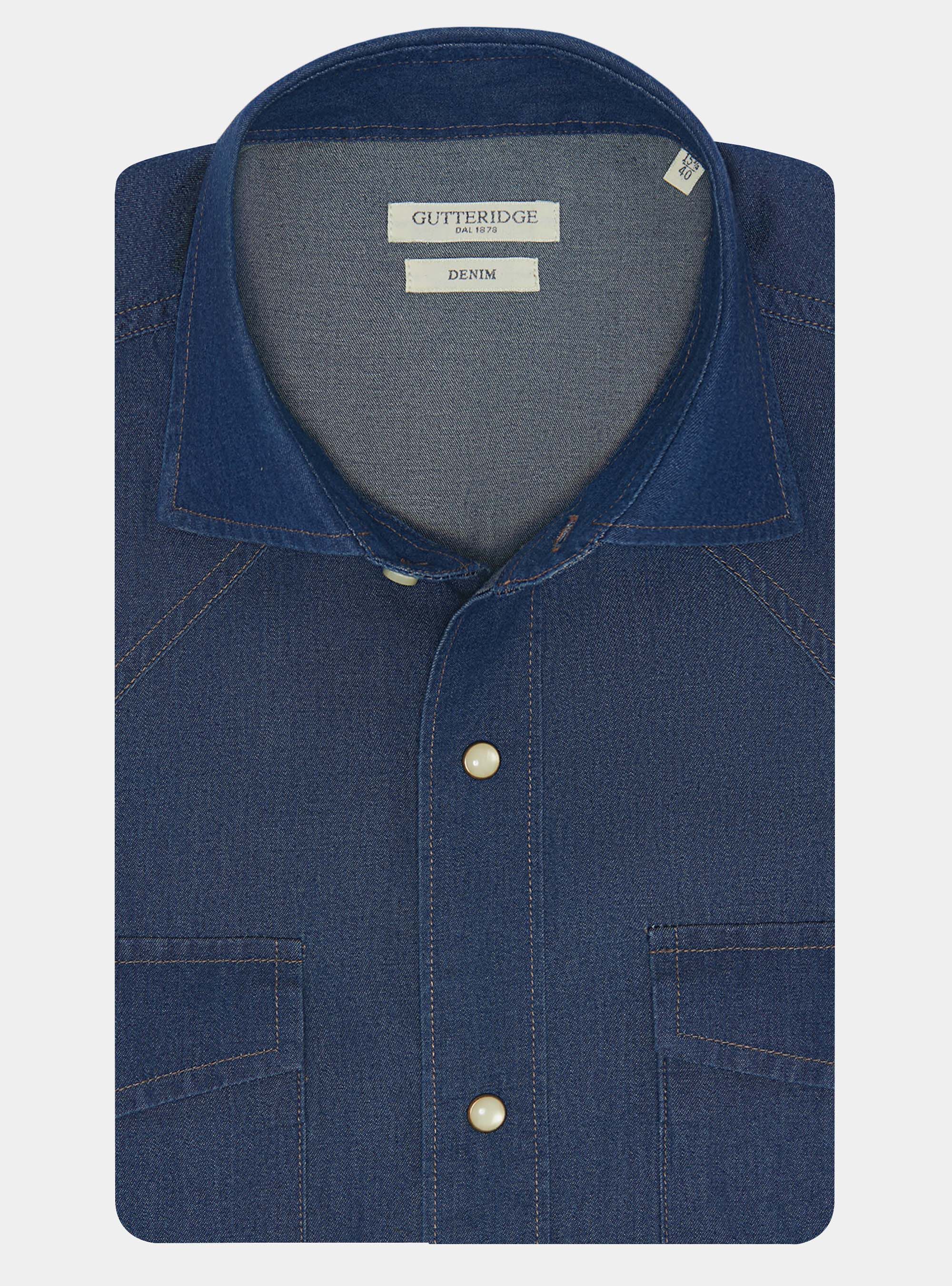 Camicia western in cotone chambray, BLU NAVY