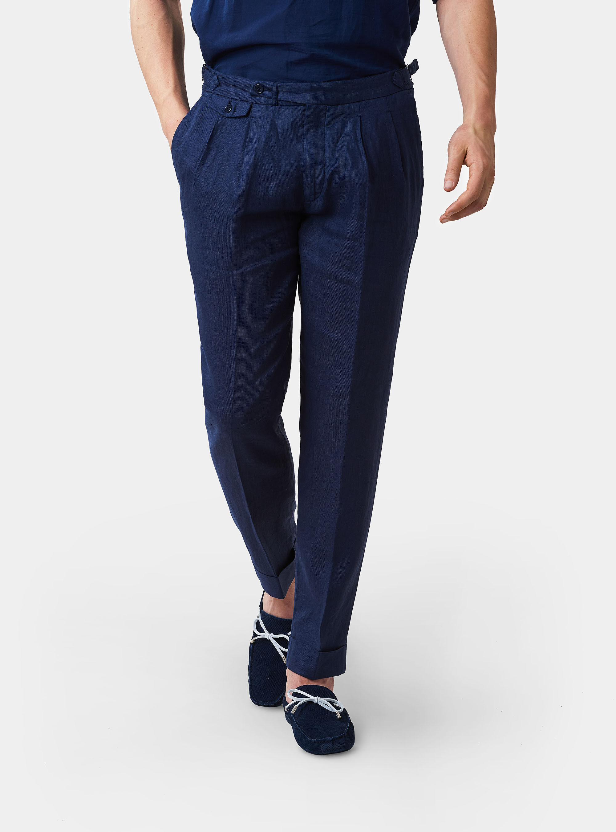 Navy blue linen trousers clearance