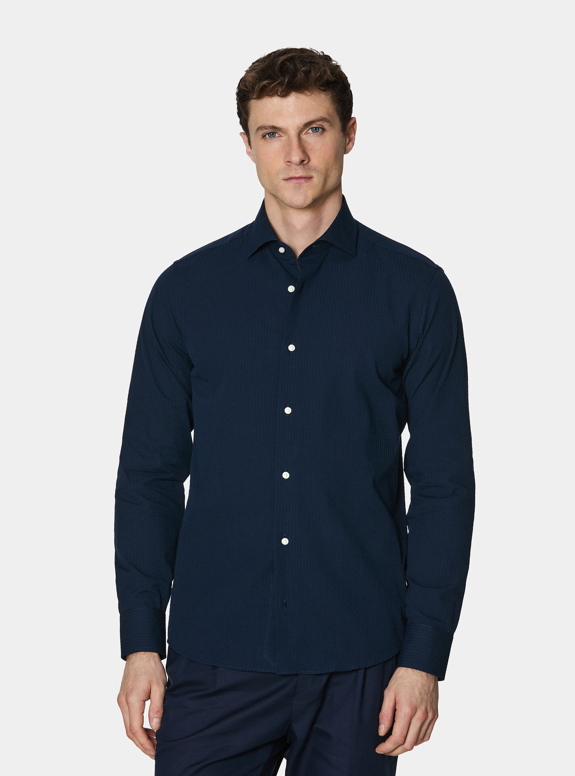 Camicia in cotone seersucker, BLU NAVY