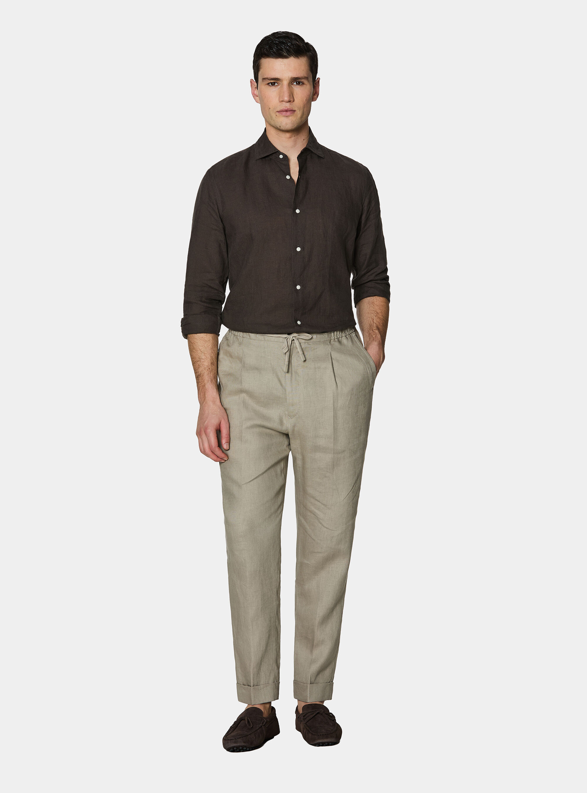 Pantaloni in puro lino con pince e coulisse, SABBIA