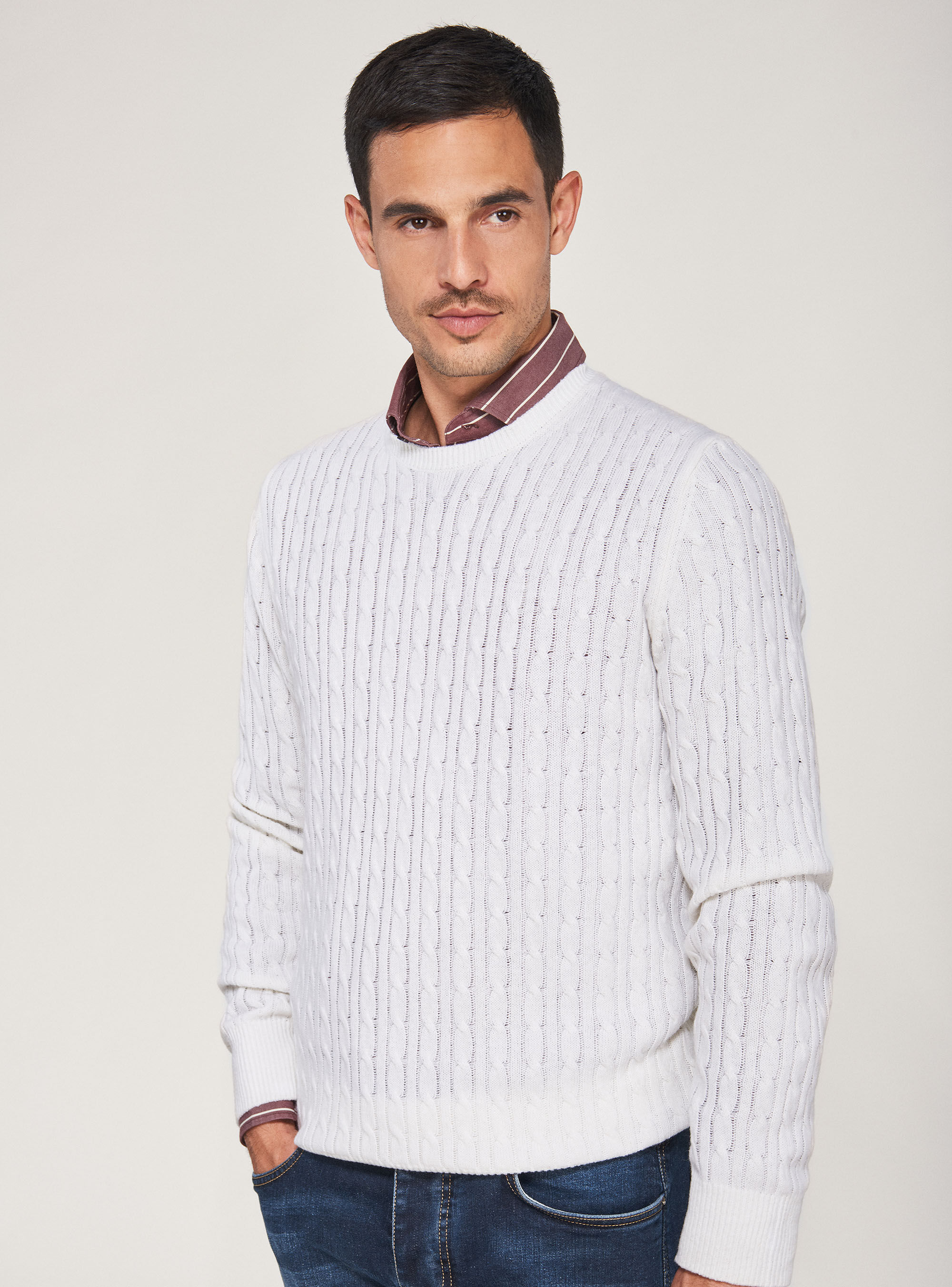 Cashmere wool braided sweater, WHITE