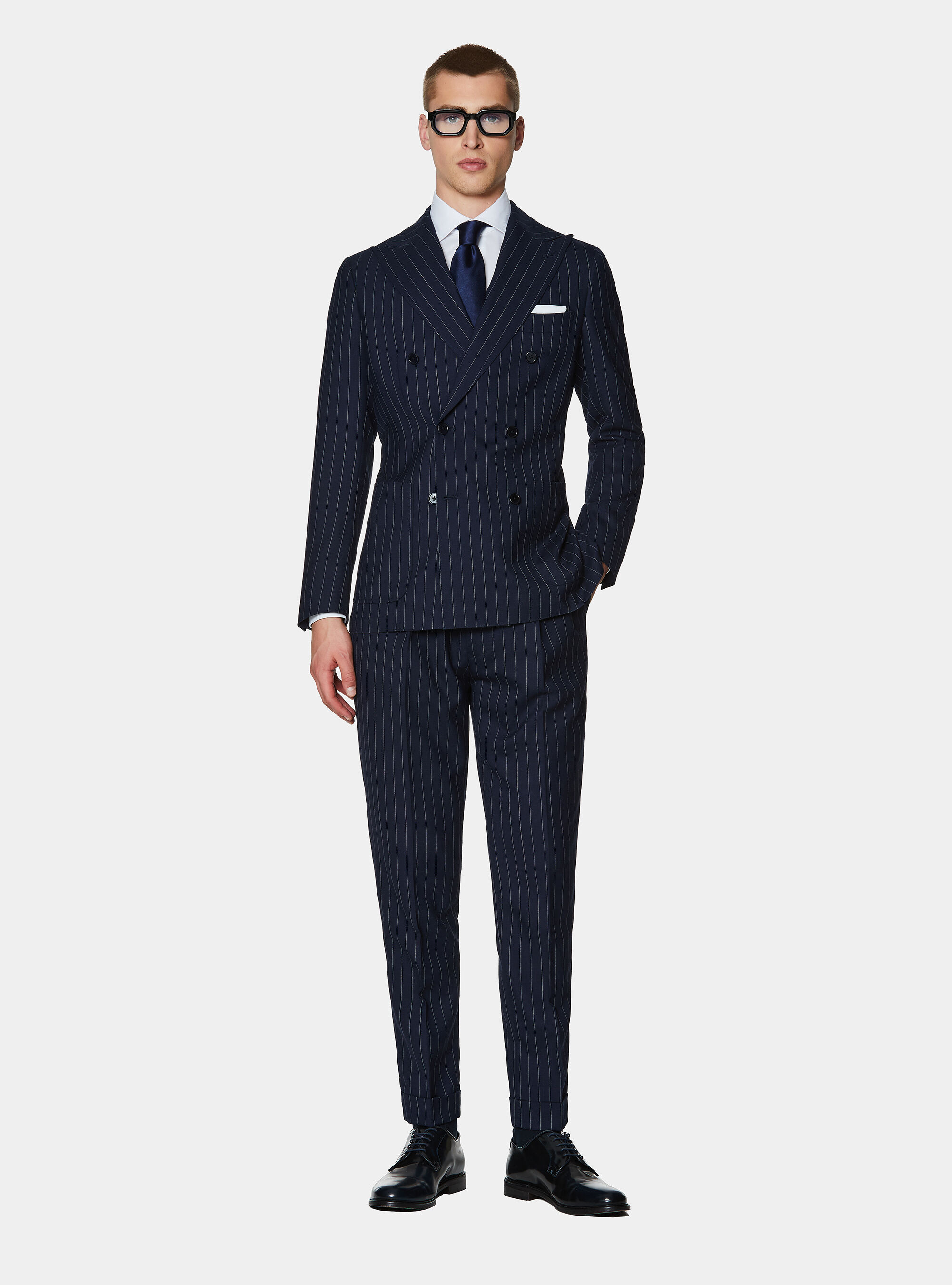 Double-breasted pinstriped wool suit blazer