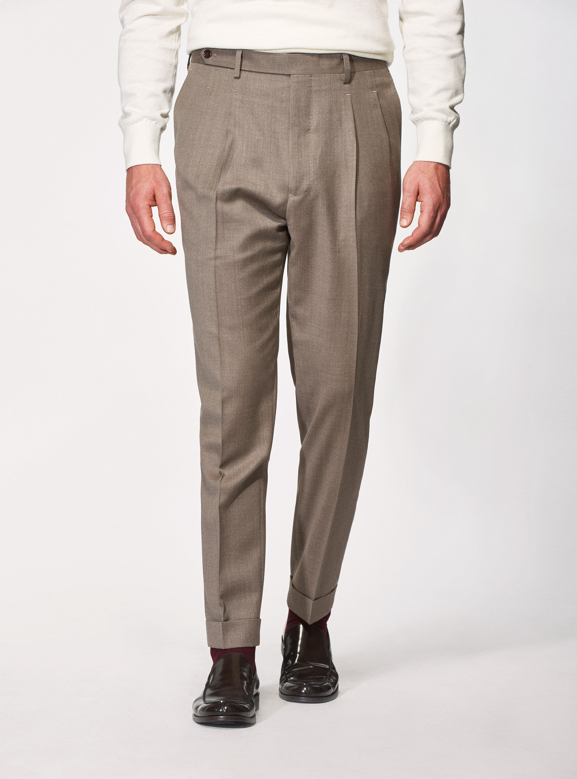 Double pleat trousers in pure 120's superfine wool, SAND