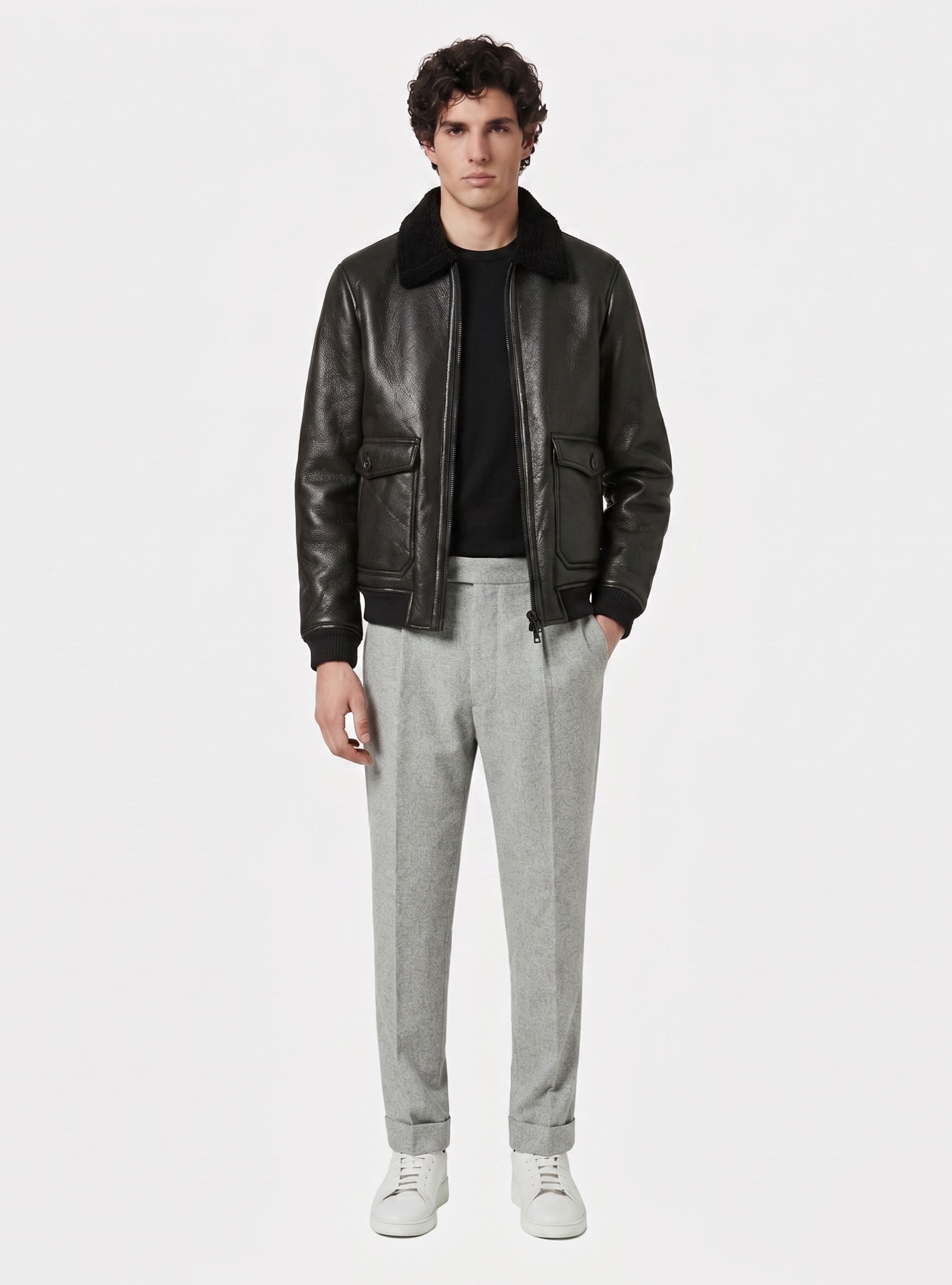 Faux leather bomber jacket with large pockets, BLACK