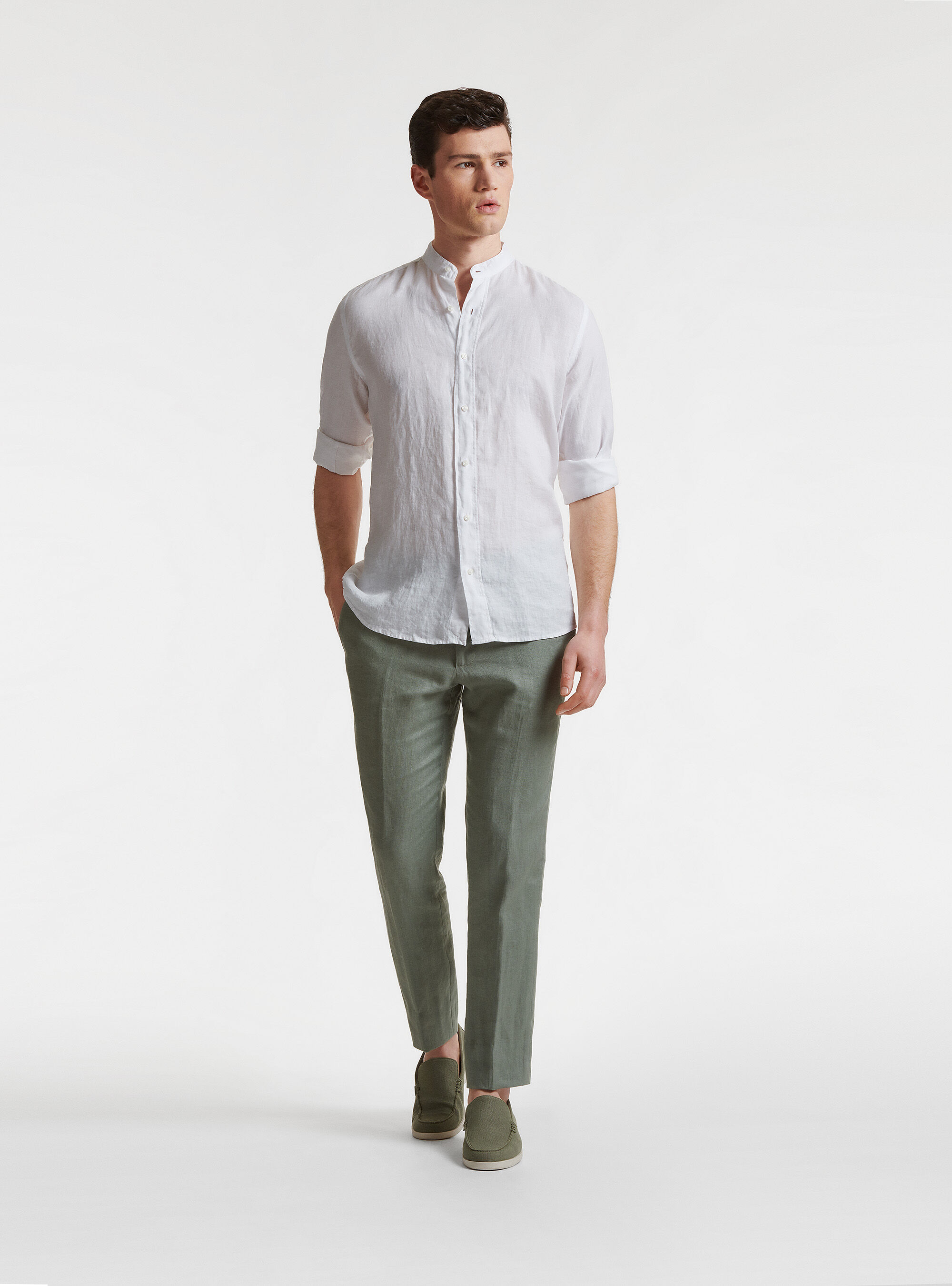Camicia collo coreano in puro lino, BIANCO