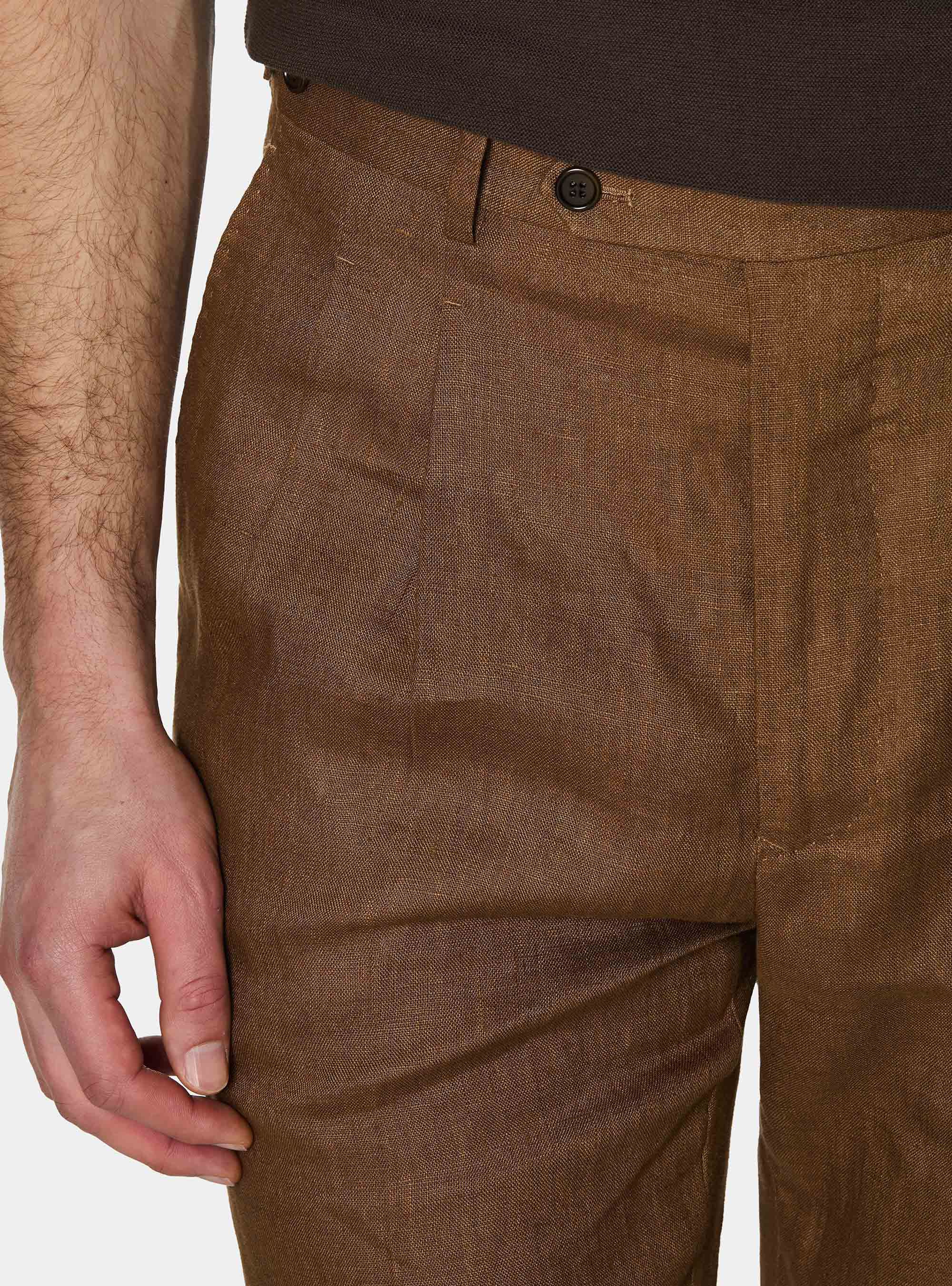 Pantaloni con pince in puro lino, TABACCO