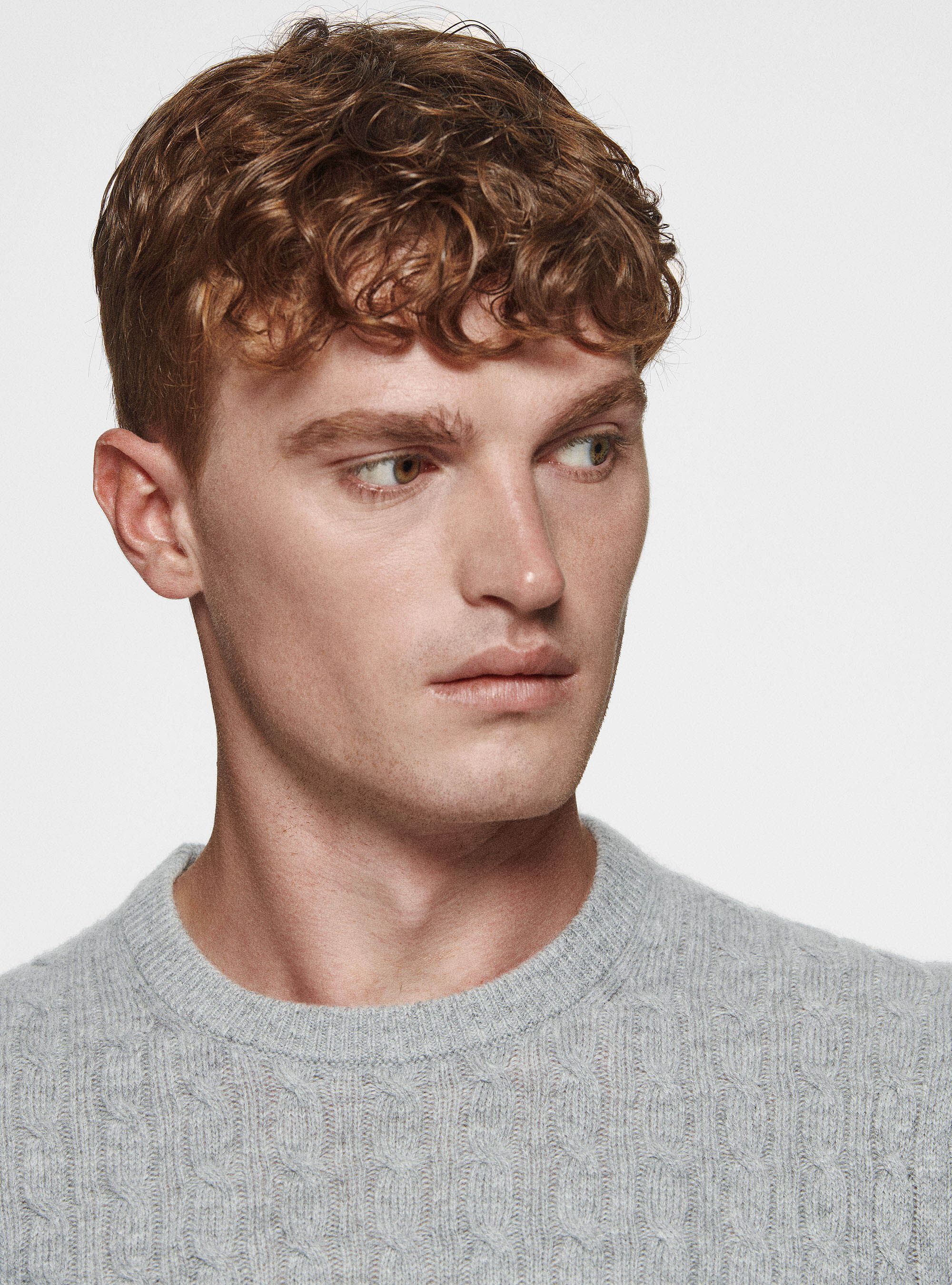 Maglia girocollo in lana cashmere a treccia, GRIGIO MELANGE 0151C