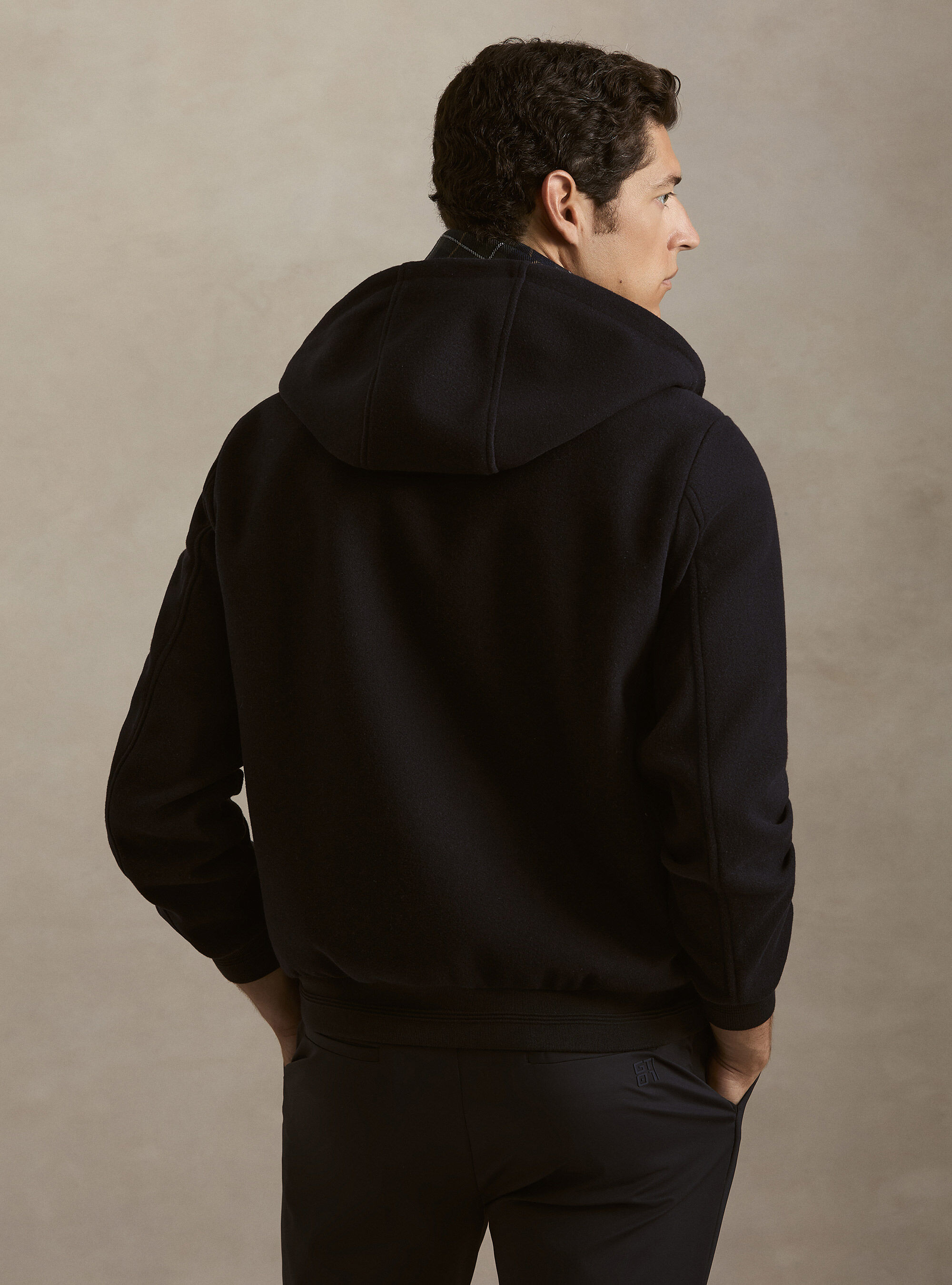 Giubbino in panno stretch con cappuccio, BLU NAVY