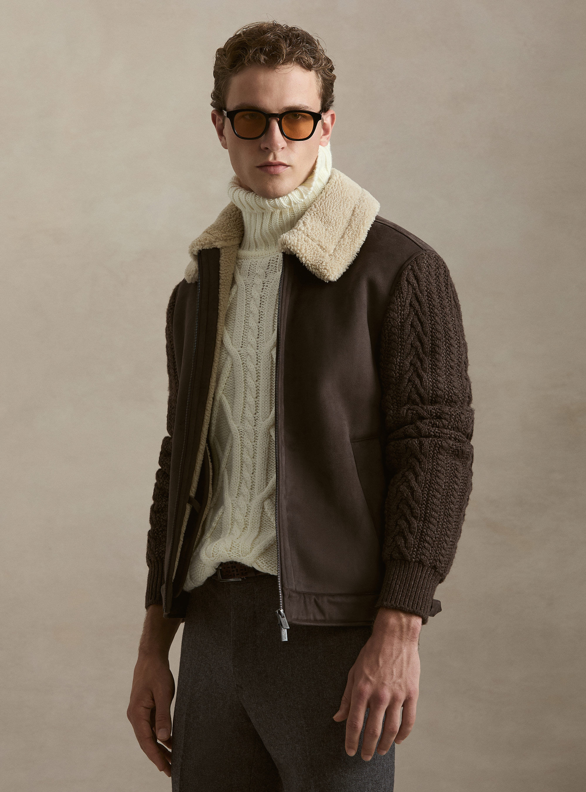 Suede-effect shearling with knit sleeves