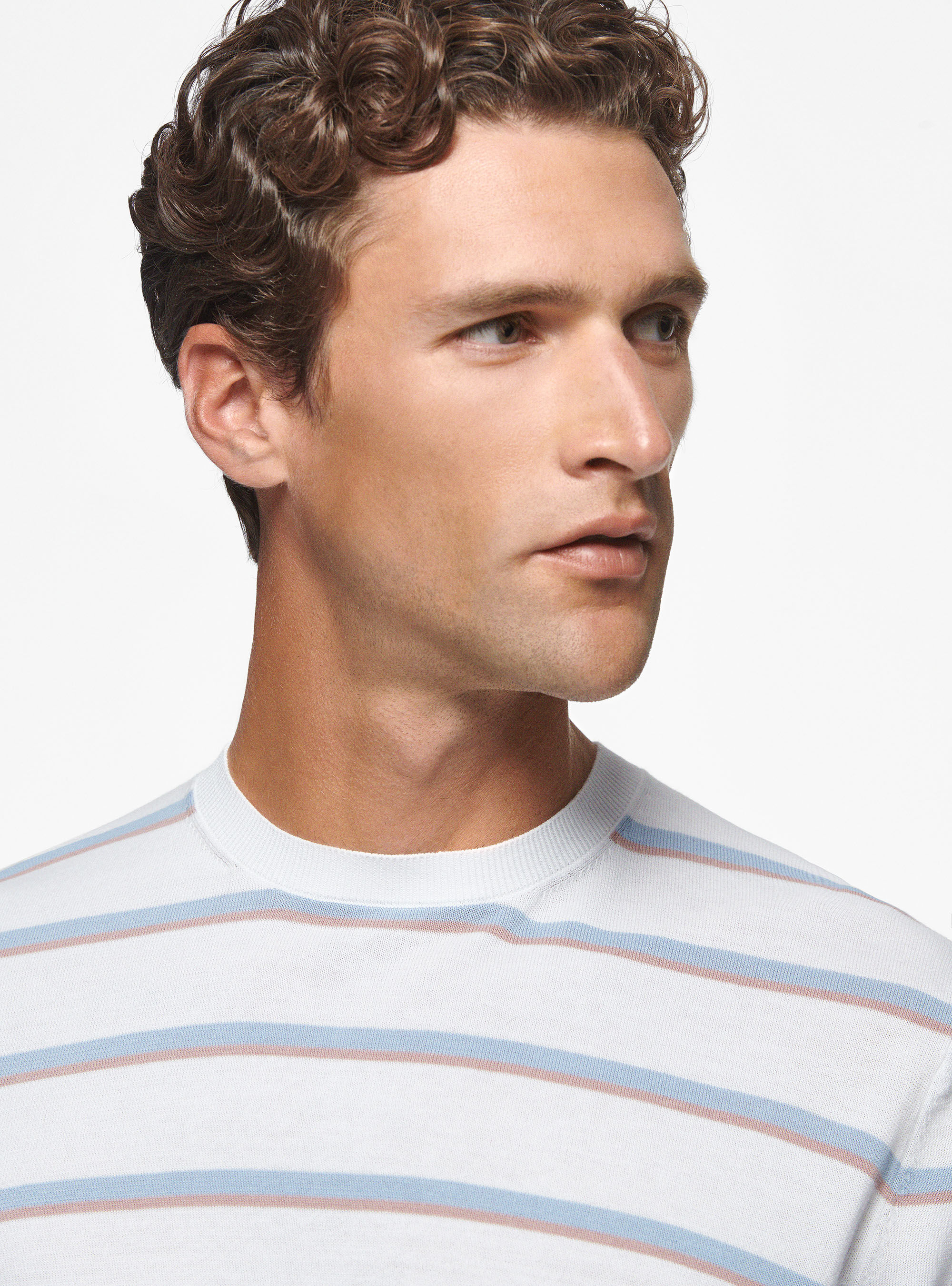 Crew-neck sweater in striped cotton, WHITE