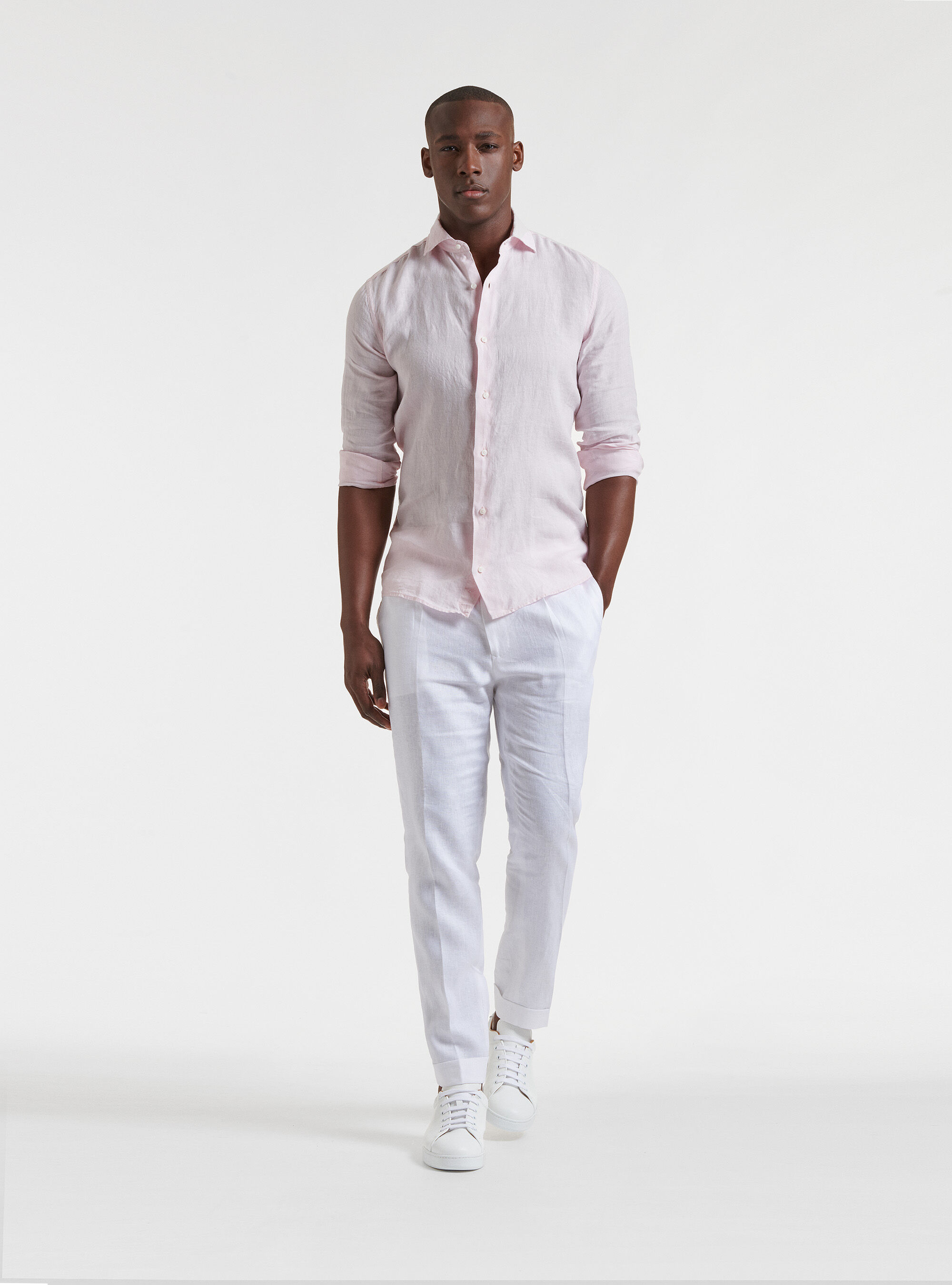 Camicia collo semi francese in puro lino, ROSA