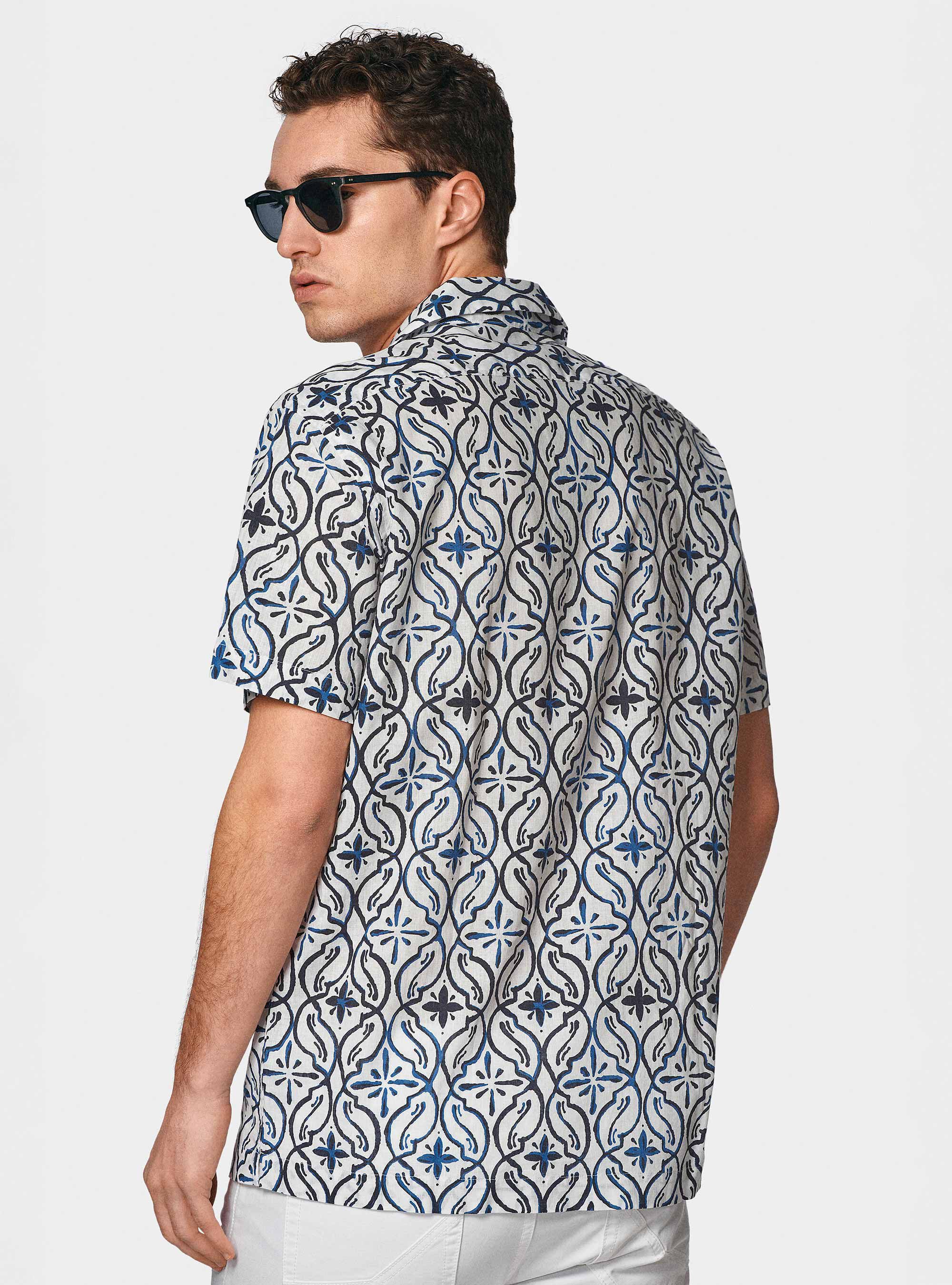 Camicia bowling in lino e cotone stampato, BLU NAVY