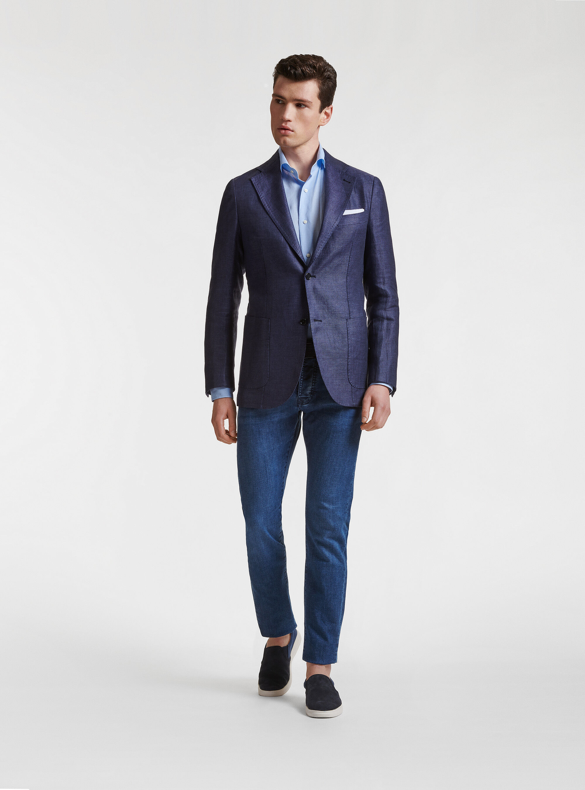 Giacca in puro lino hopsack, BLU NAVY