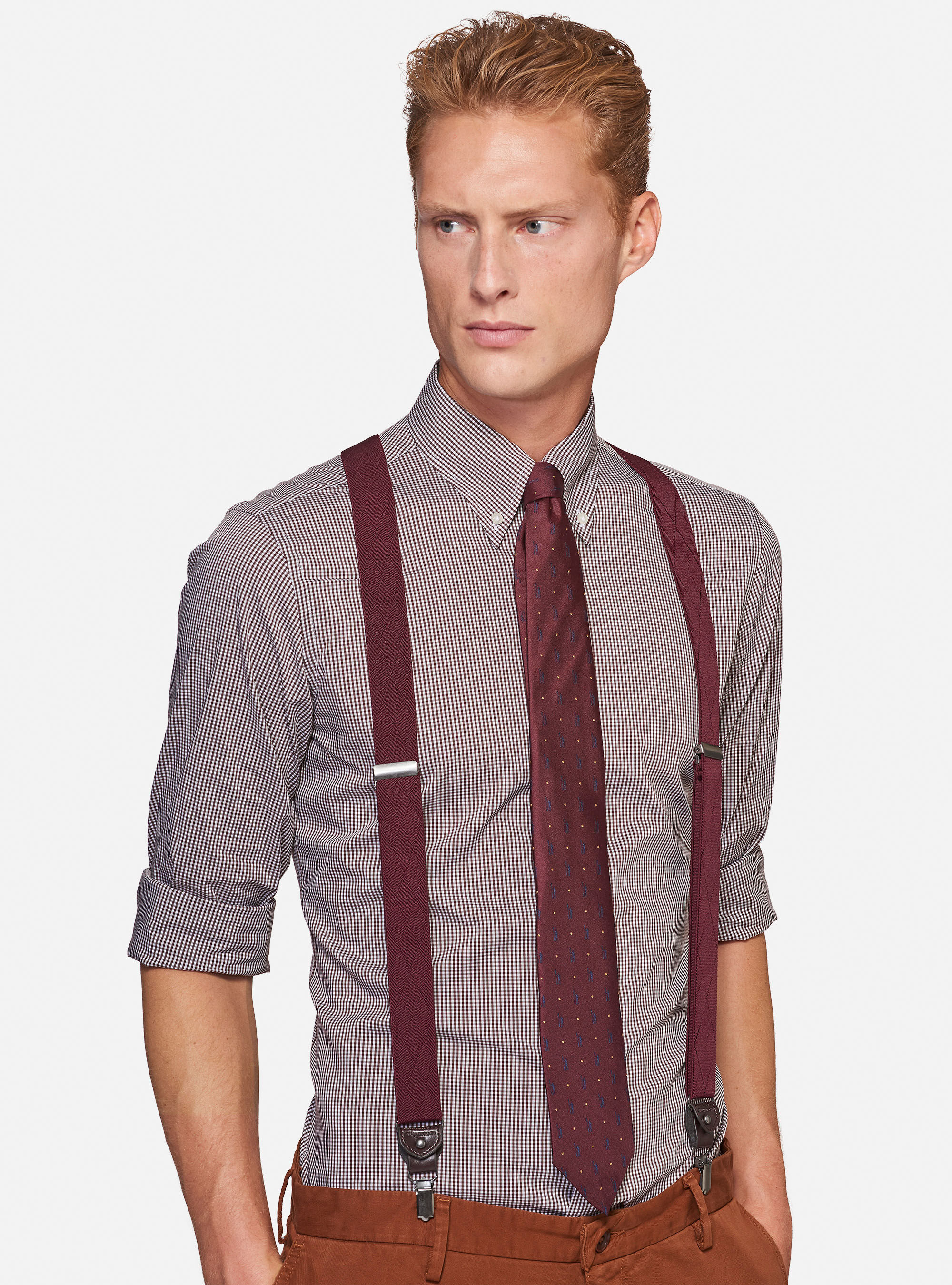 Camicia collo button down a quadretti in cotone popeline stretch