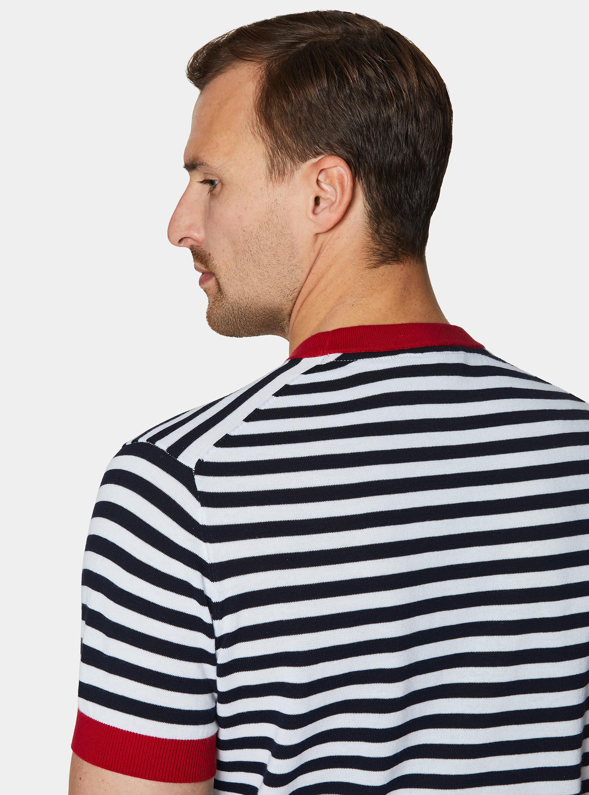 Extra-fine striped cotton crew neck sweater, NAVY BLUE