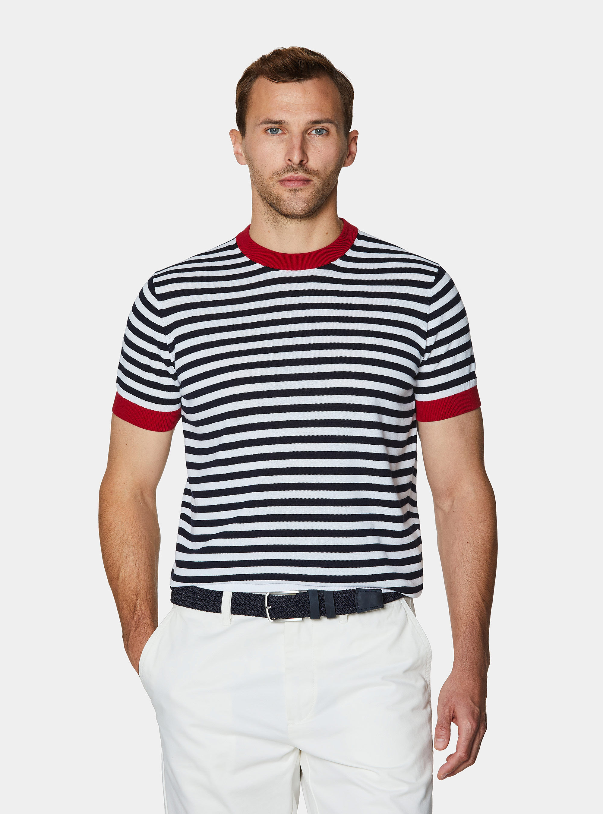 Extra-fine striped cotton crew neck sweater