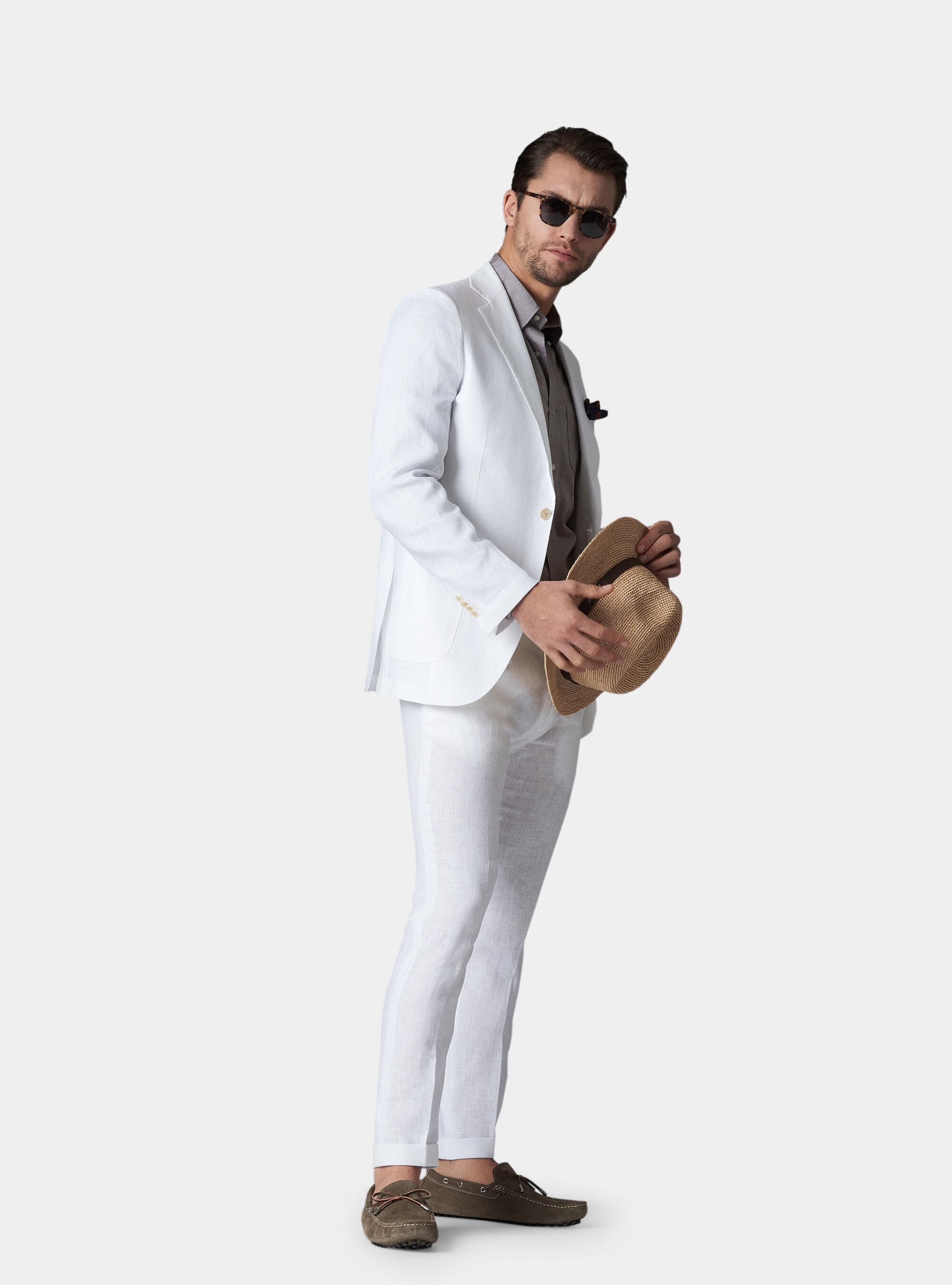 Giacca per abito in lino ritorto con tasche a toppa, BIANCO