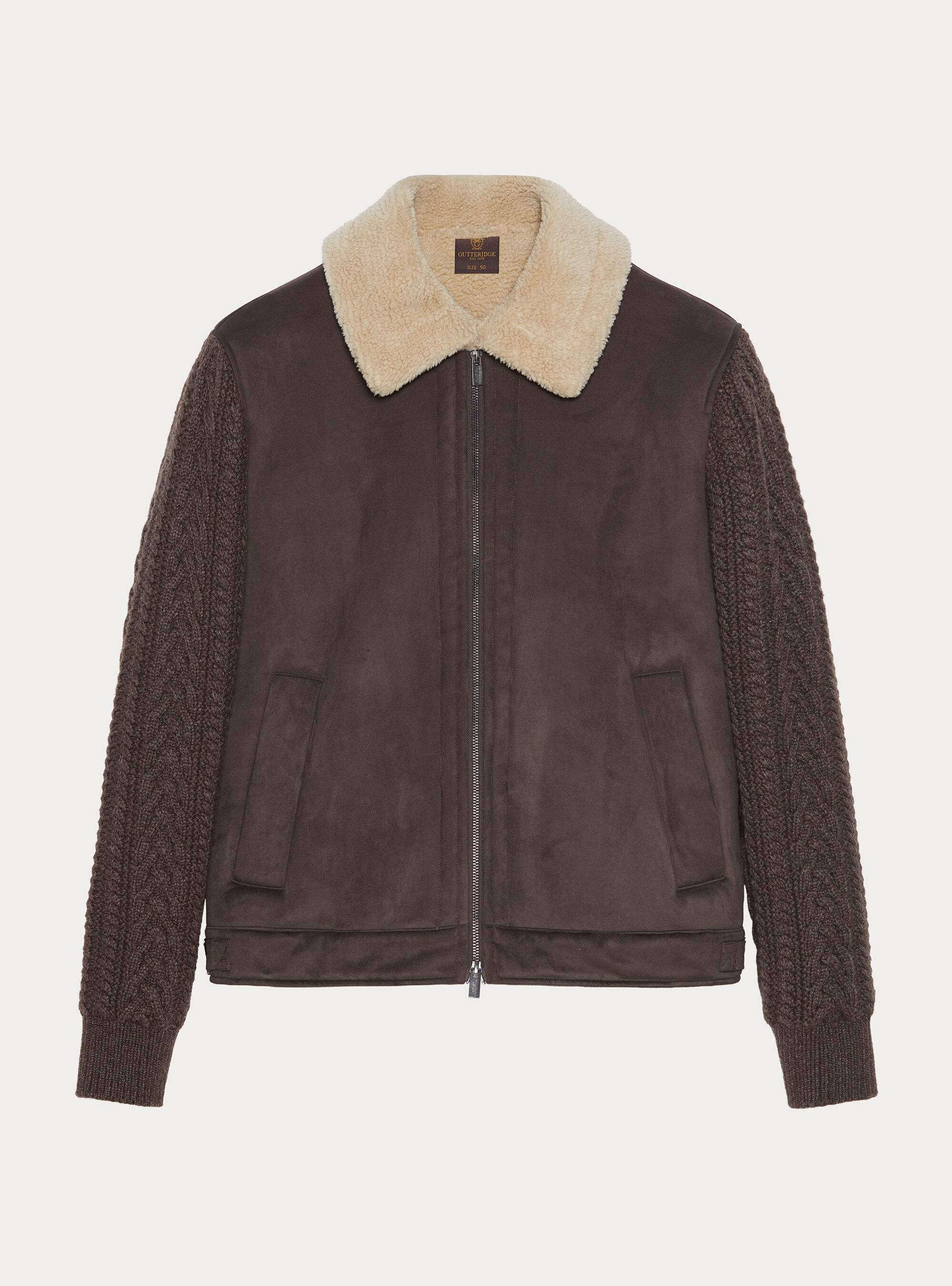 Suede-effect shearling with knit sleeves, BROWN