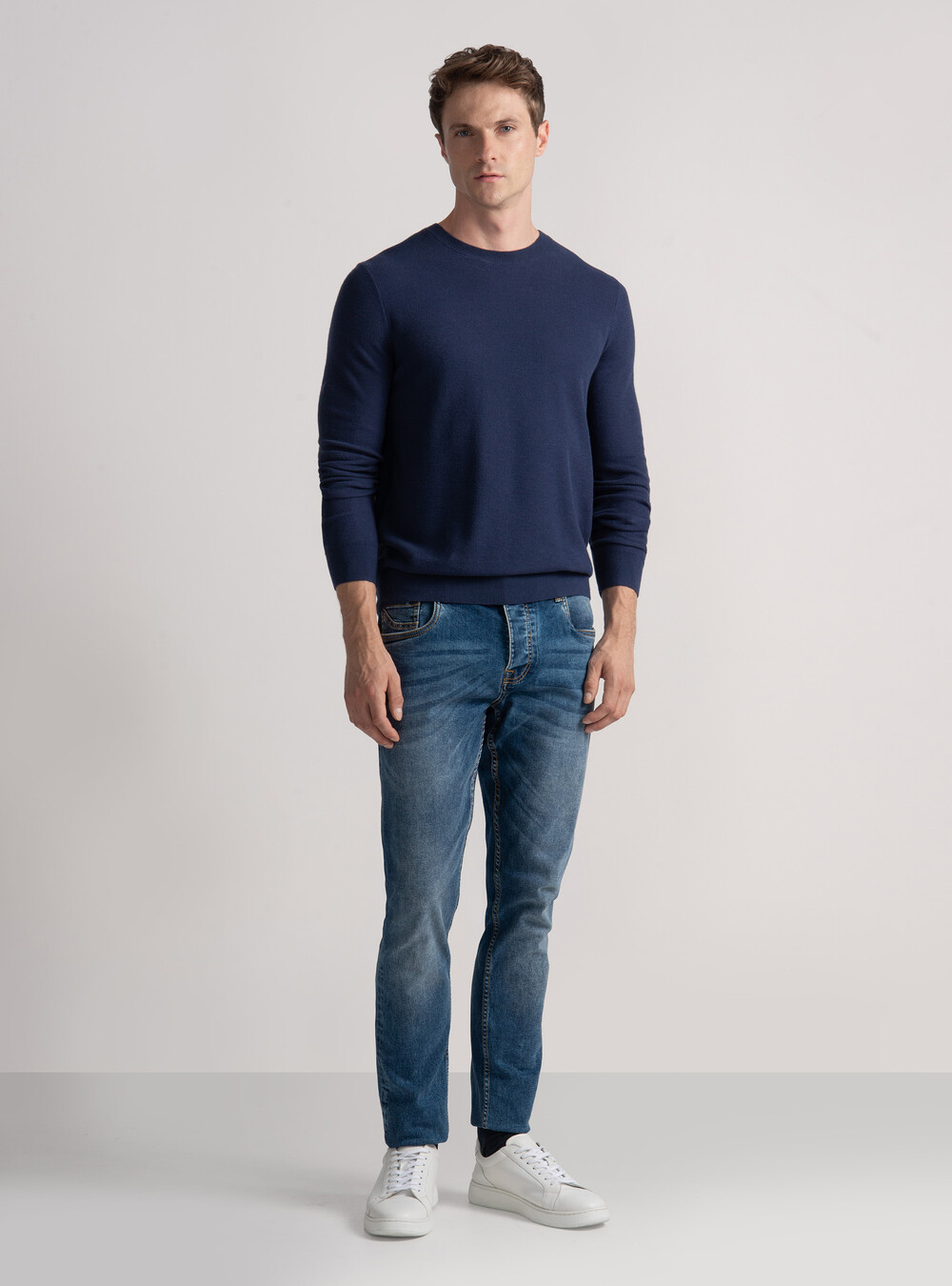 Maglia girocollo nido d'ape in cotone cashmere, INCHIOSTRO Maglia girocollo nido d'ape in cotone cashmere