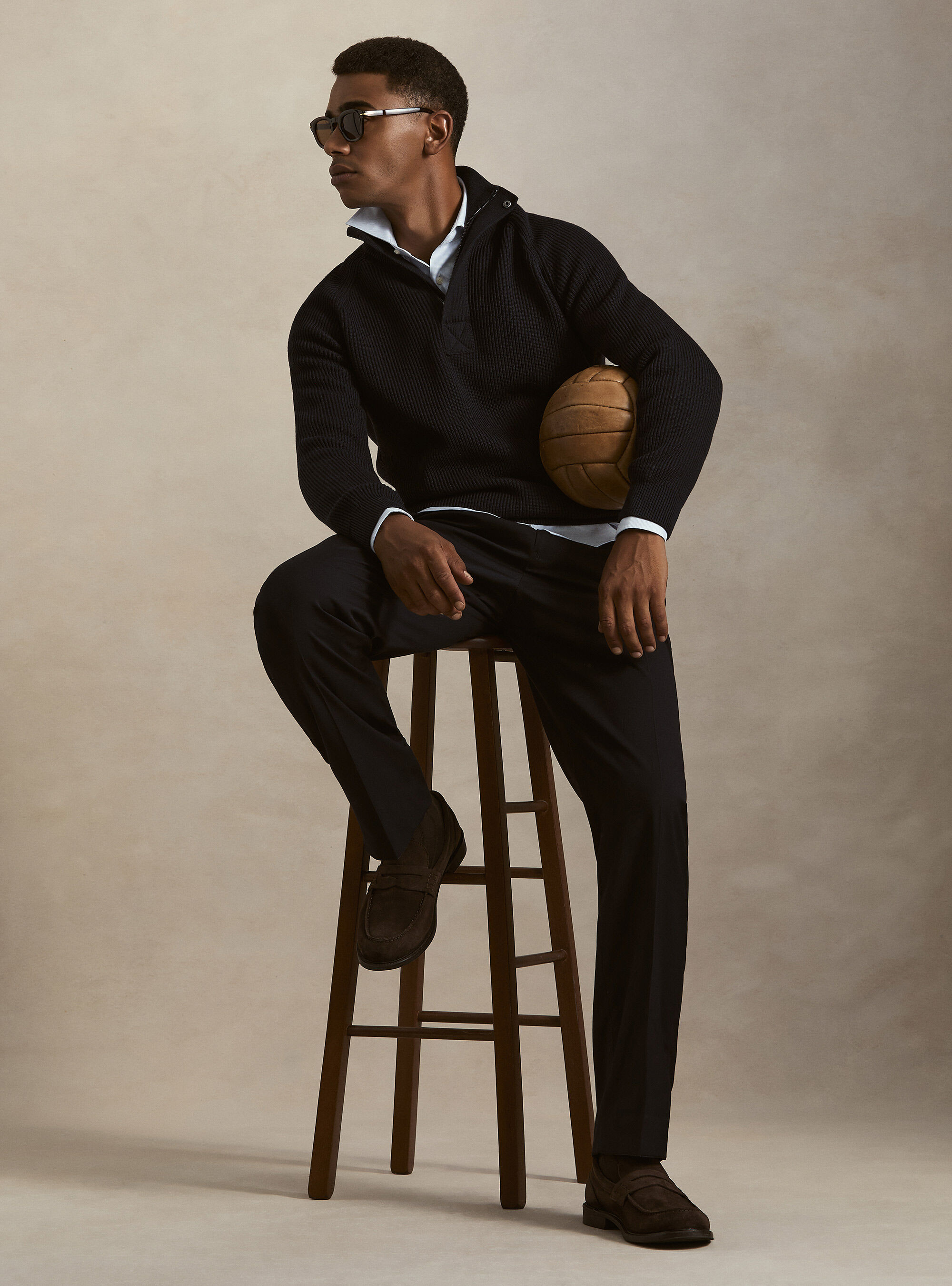 Half-zip ribbed wool and cotton sweater, NAVY BLUE