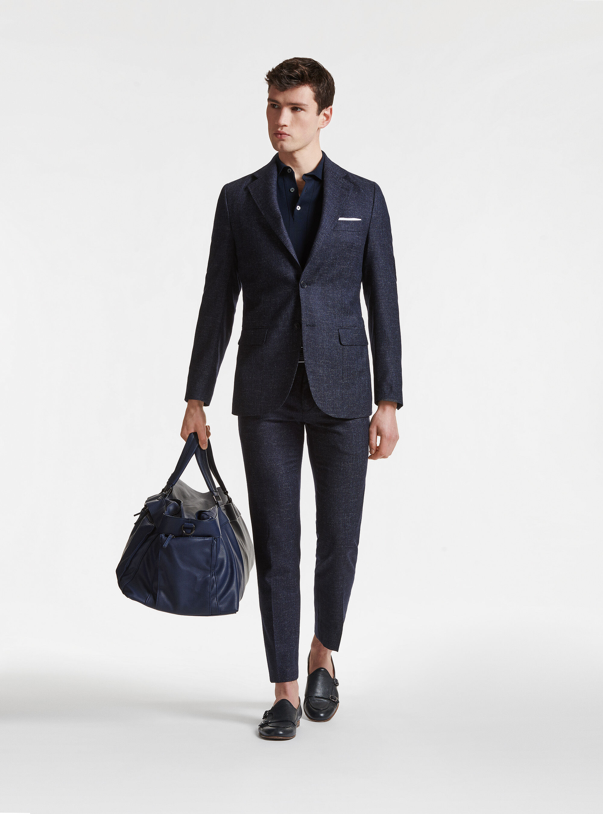 Navy Blue Printed Silk Blend Straight Suit Set