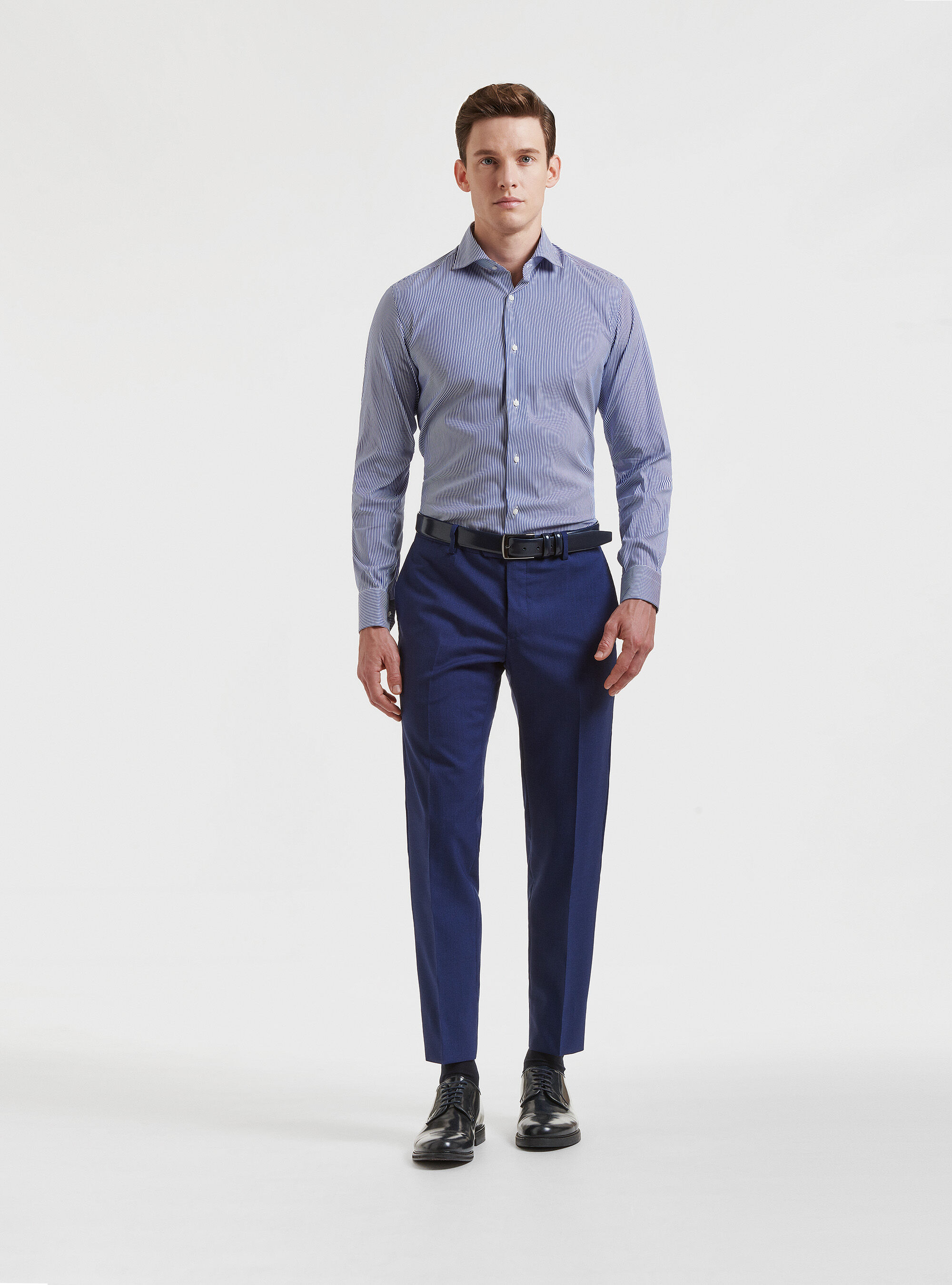 Camisa de popelina el&aacute;stica a rayas, AZUL MEDIO