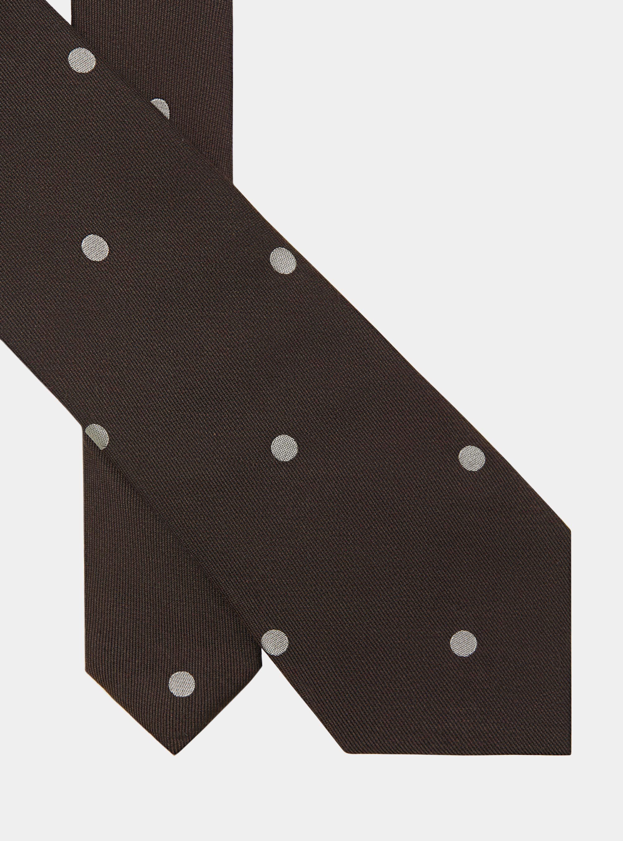 Macro polka dot silk and linen tie, BROWN
