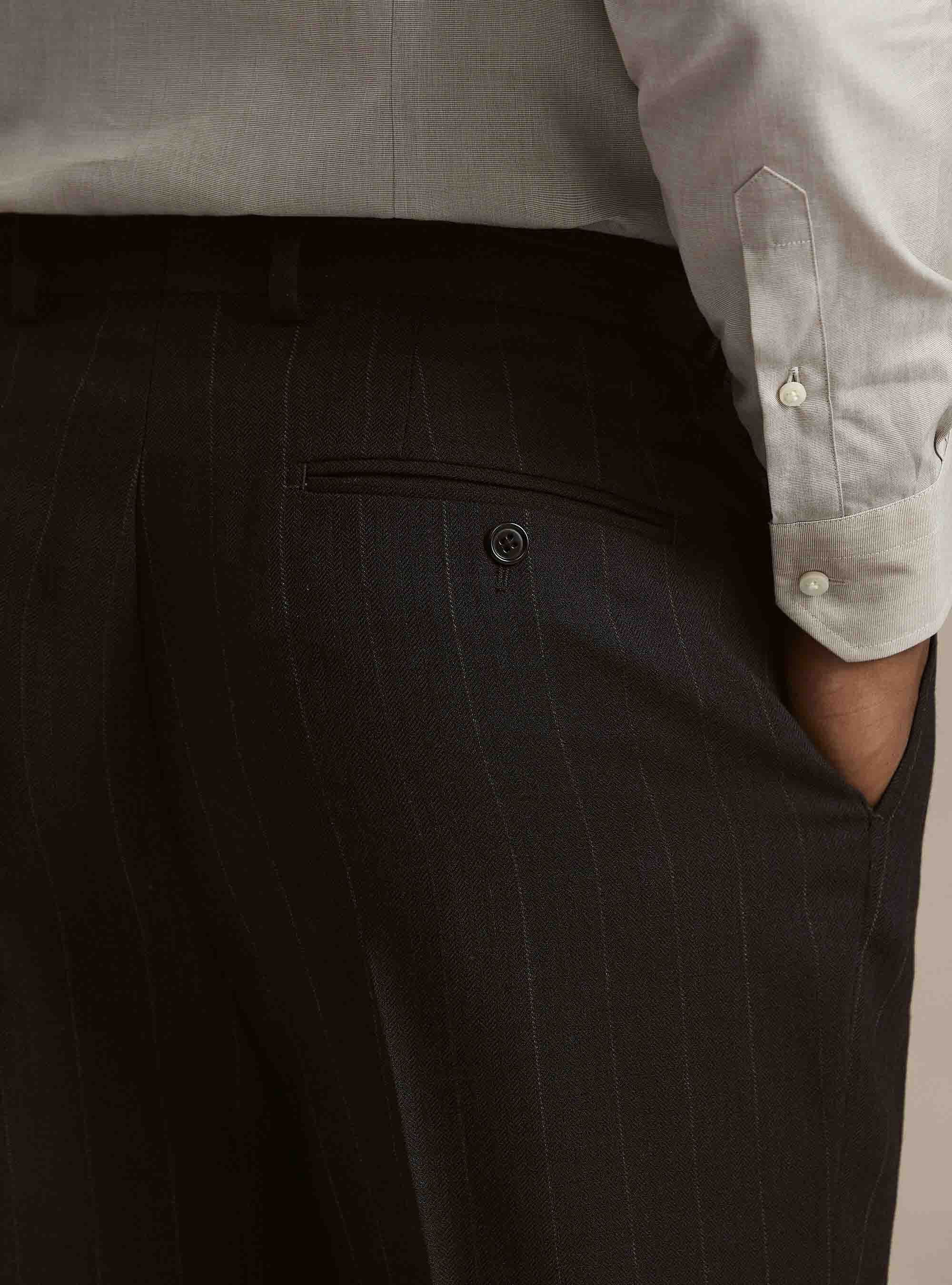 Pantalones de pinzas de pura lana de espiga, AZUL MARINO