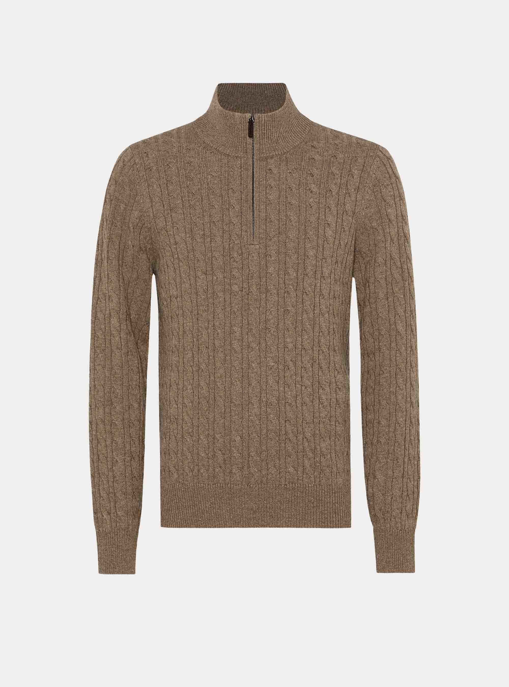 Maglia lupetto a trecce in lana e cashmere, FANGO