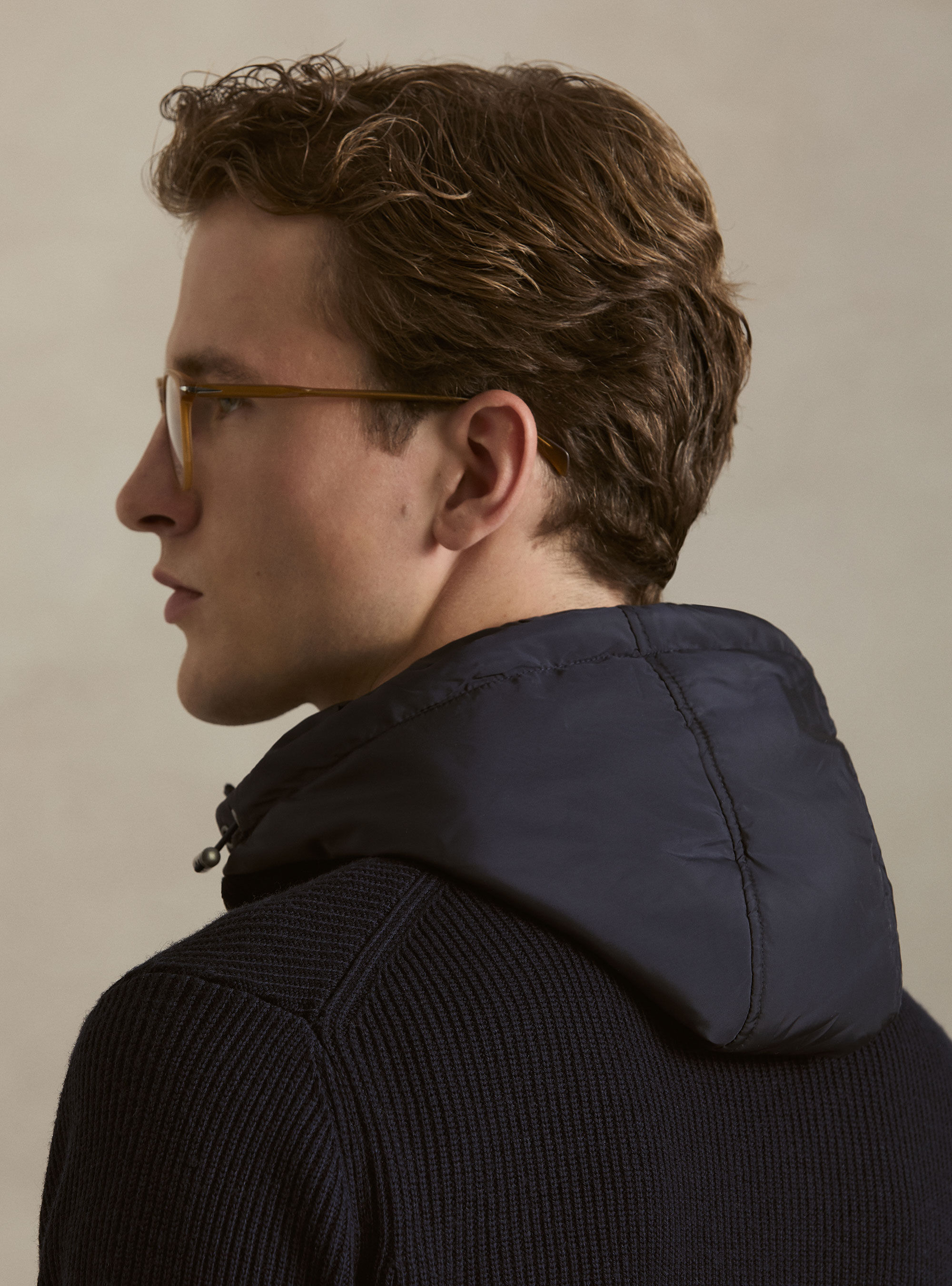 Cardigan costa inglese in lana e cotone e cappuccio removibile, BLU NAVY