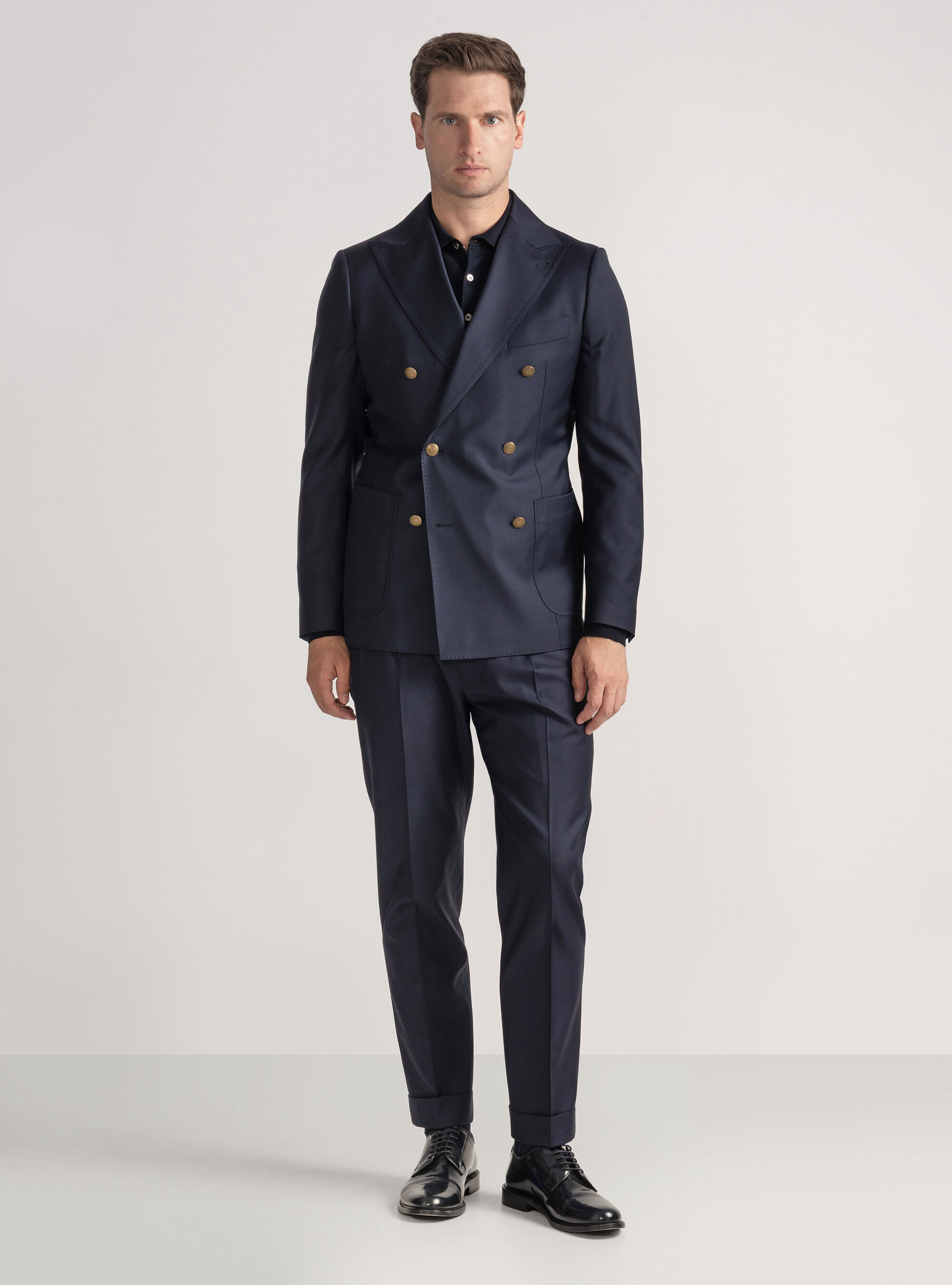 Americana Vitale Barberis Canonico de lana con doble botonadura y bot&oacute;n met&aacute;lico, AZUL MARINO