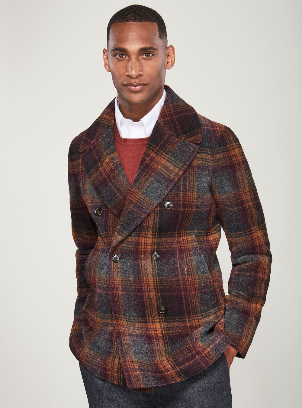 Double-breasted checked peacoat