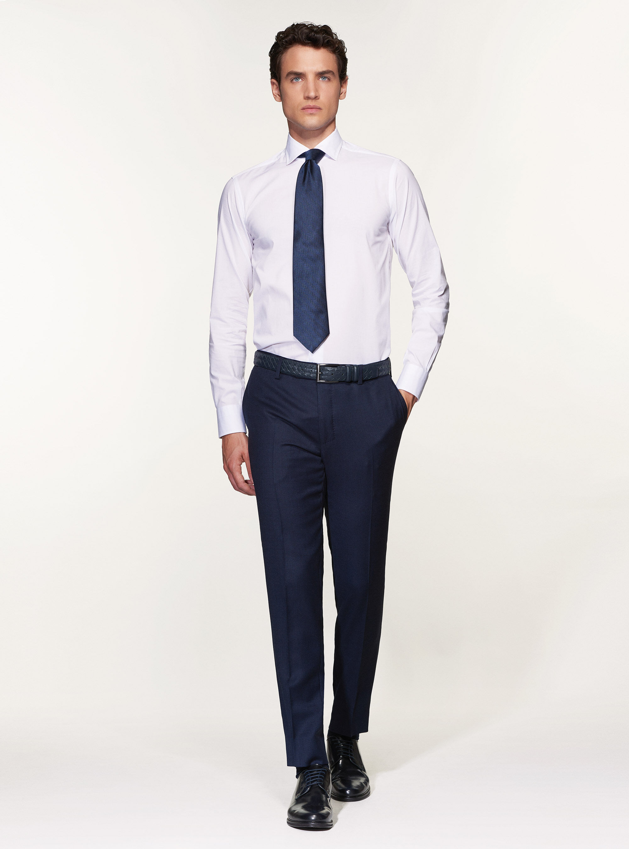 Camicia slim fit in popeline di cotone stretch, BIANCO