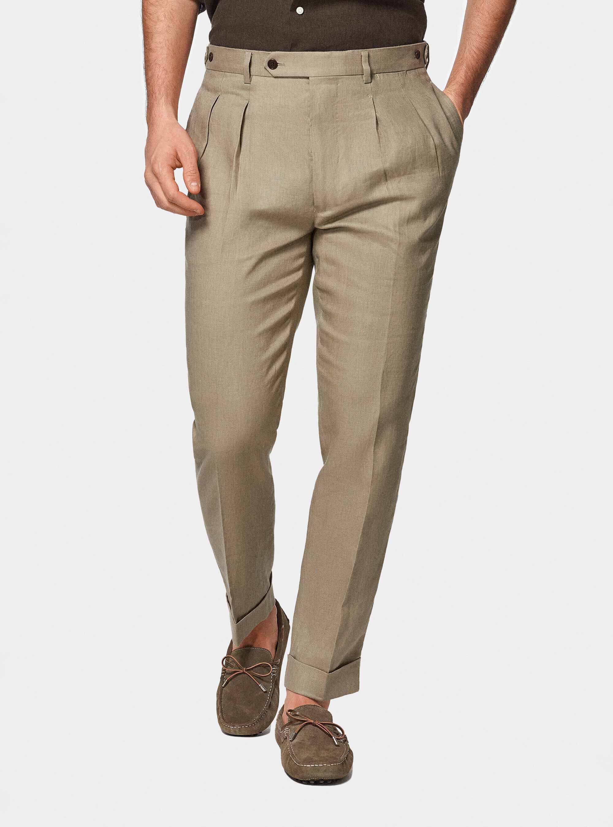 Pantaloni doppia pince in puro lino, FANGO