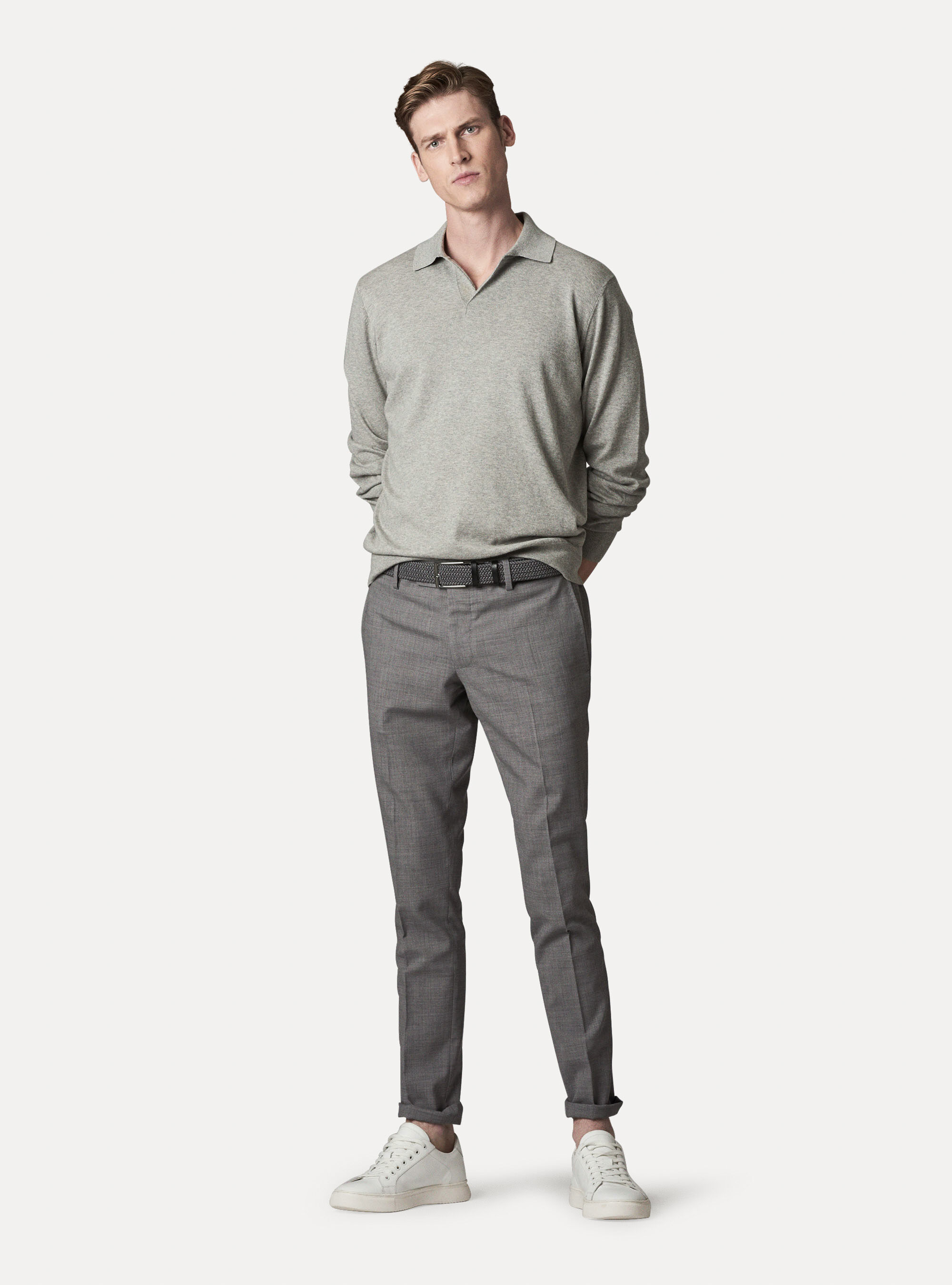 Jersey polo de algod&oacute;n seda y cashmere, GRIS CLARO JASPEADO